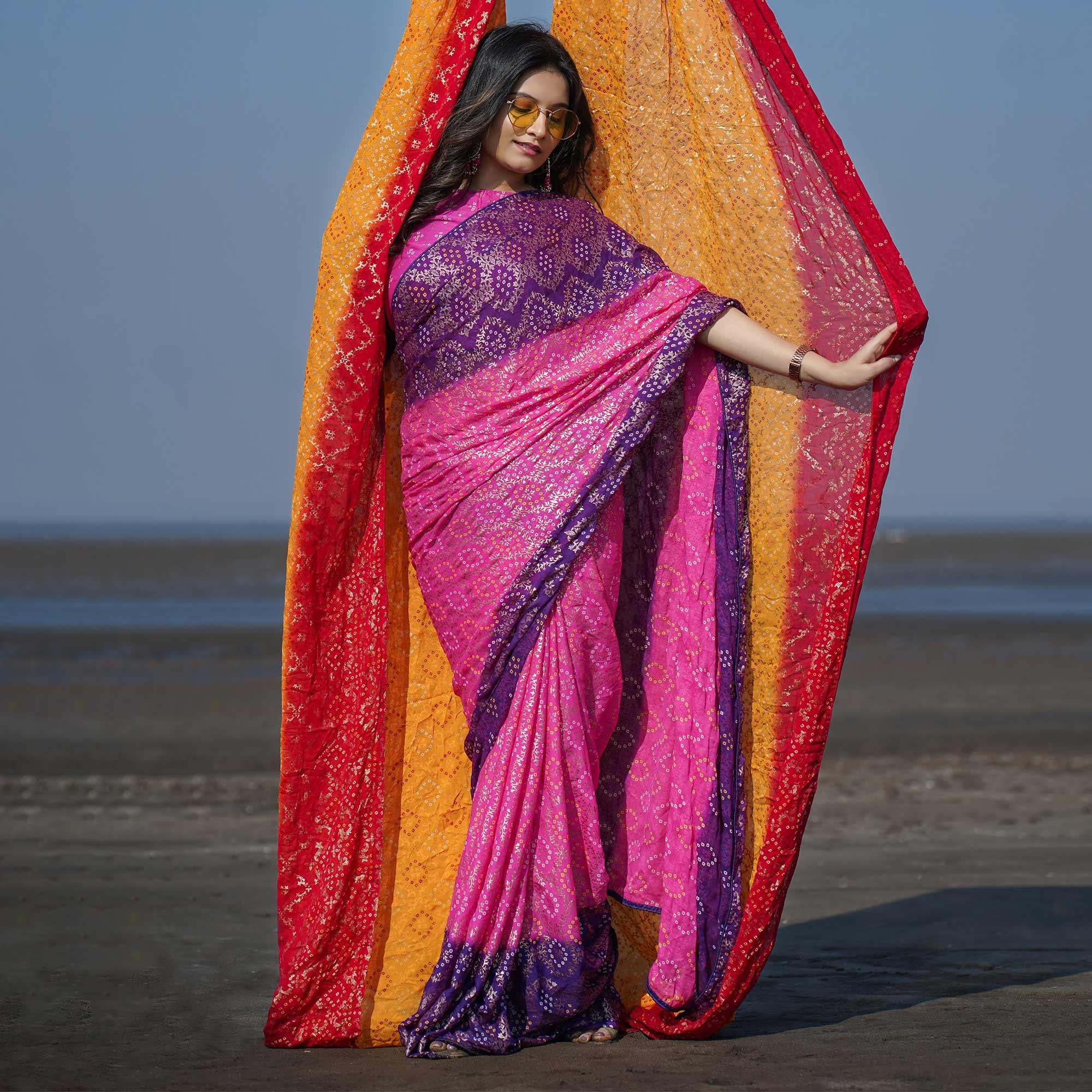 Pink Casual Wear Foil Printed CrepeSaree - Peachmode