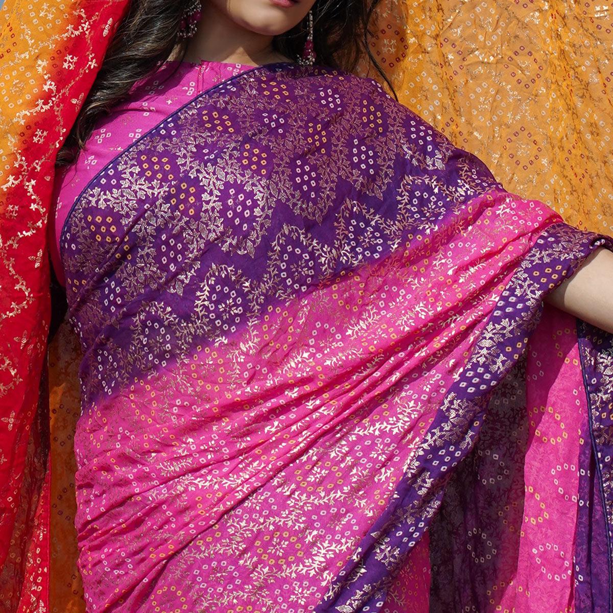 Pink Casual Wear Foil Printed CrepeSaree - Peachmode