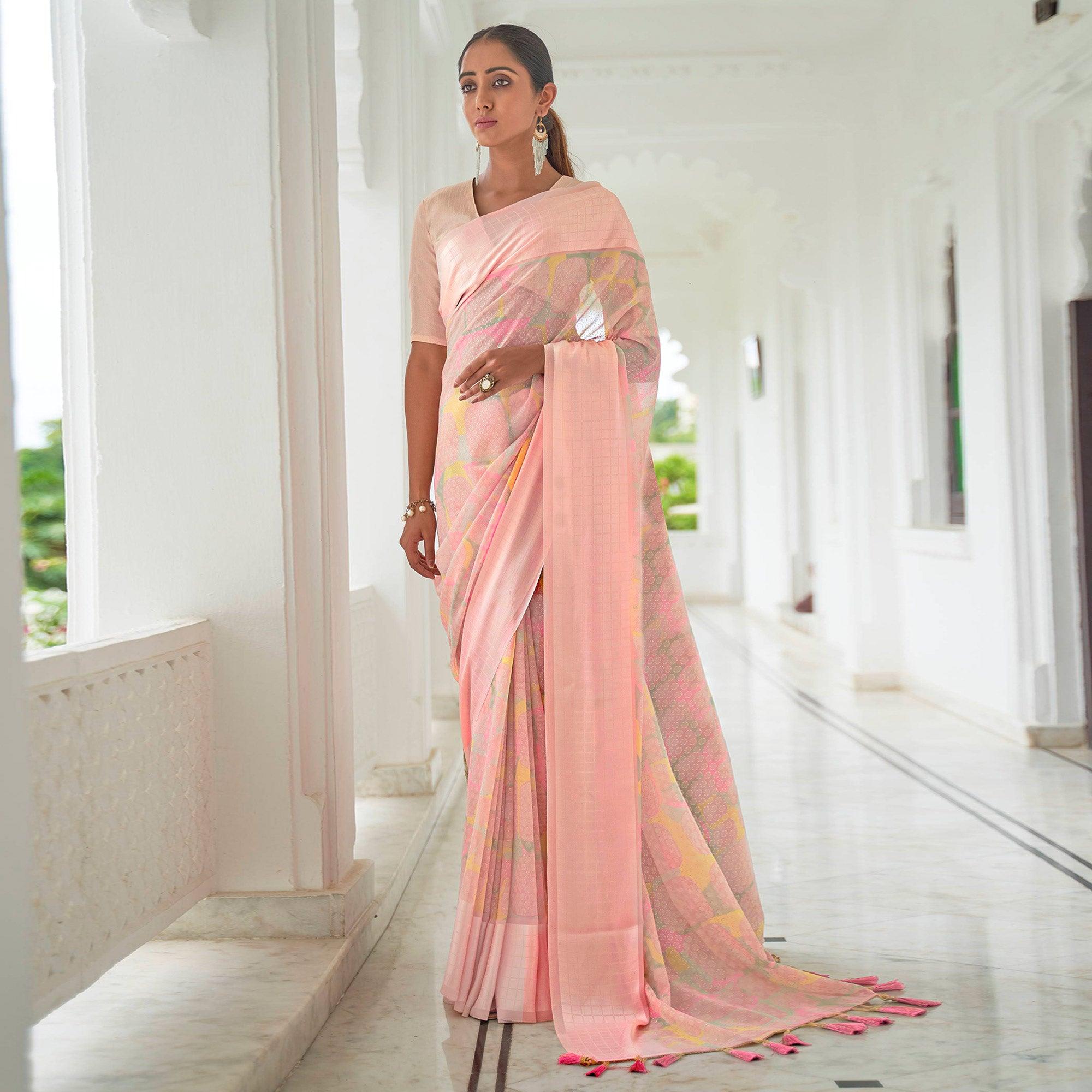 Pink Casual Wear Foil Printed Georgette Saree With Jacquard Border - Peachmode