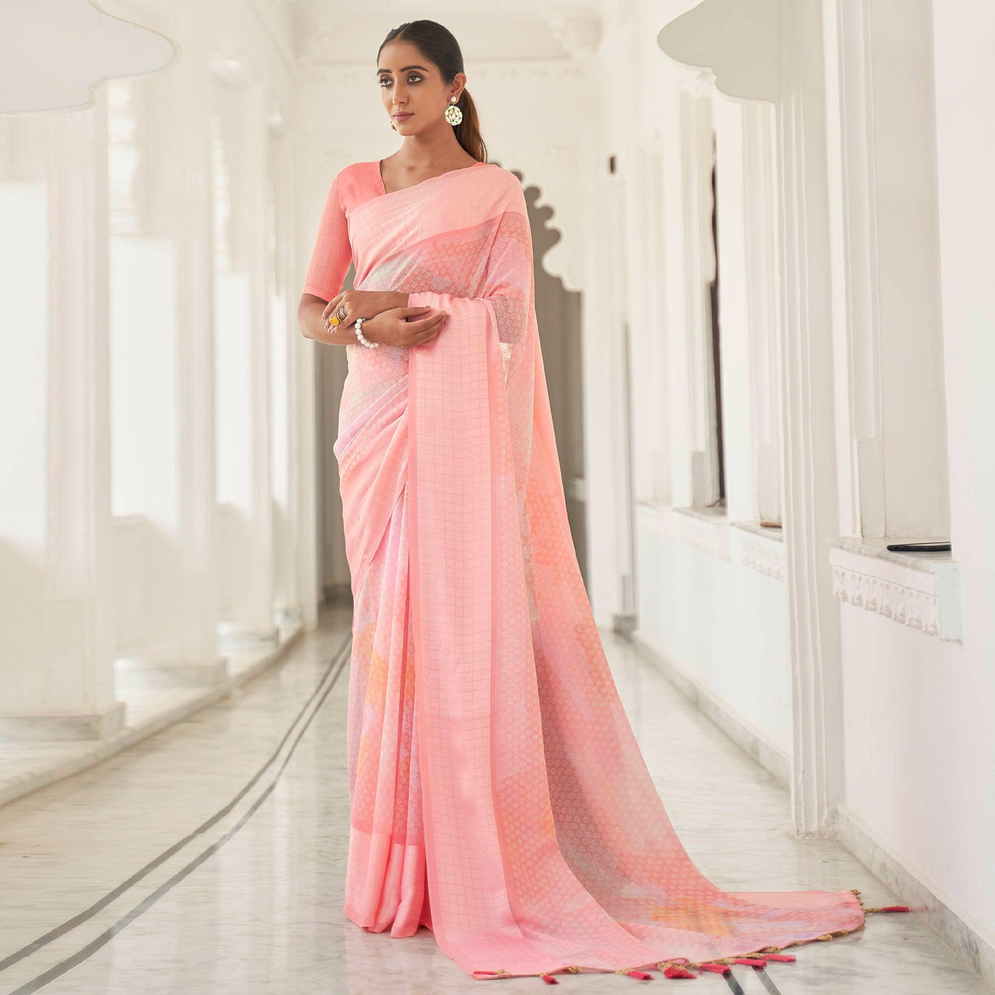 Pink Casual Wear Foil Printed Georgette Saree With Jacquard Border - Peachmode