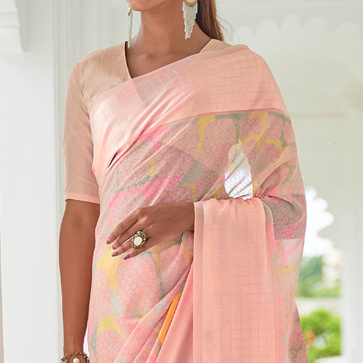 Pink Casual Wear Foil Printed Georgette Saree With Jacquard Border - Peachmode