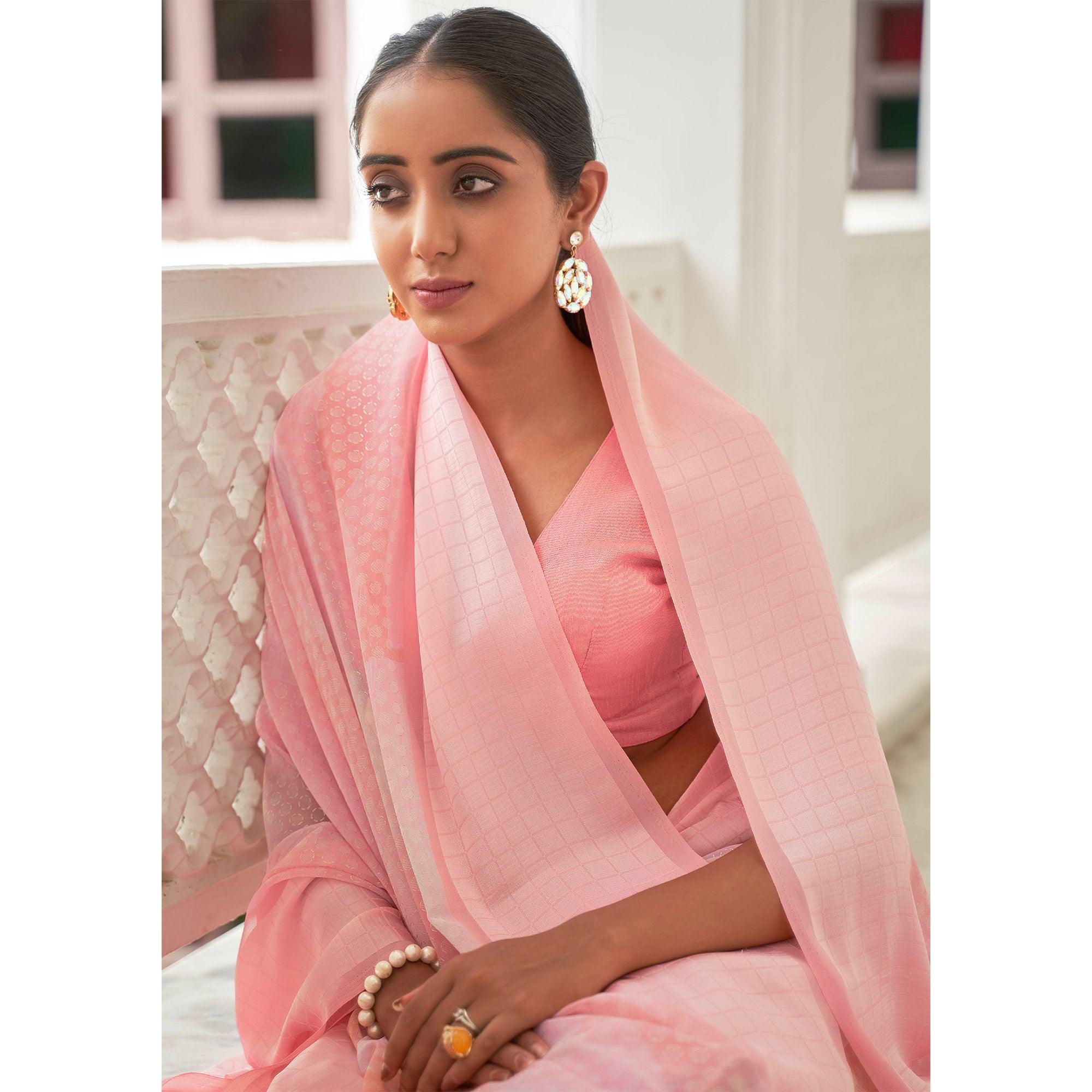 Pink Casual Wear Foil Printed Georgette Saree With Jacquard Border - Peachmode