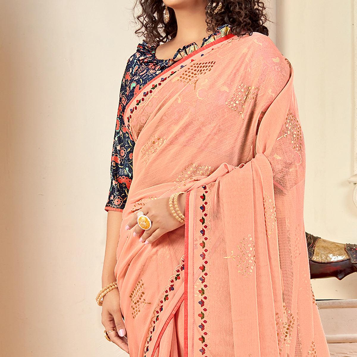 Pink Casual Wear Foil Printed Pure Chiffon Saree - Peachmode