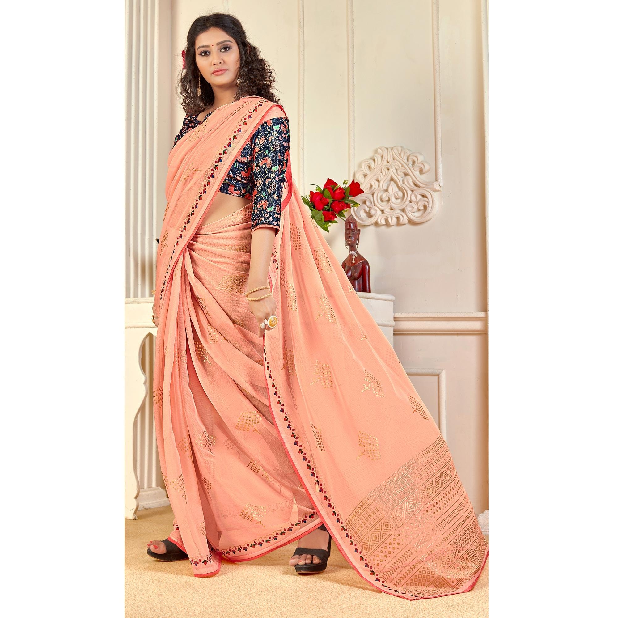 Pink Casual Wear Foil Printed Pure Chiffon Saree - Peachmode