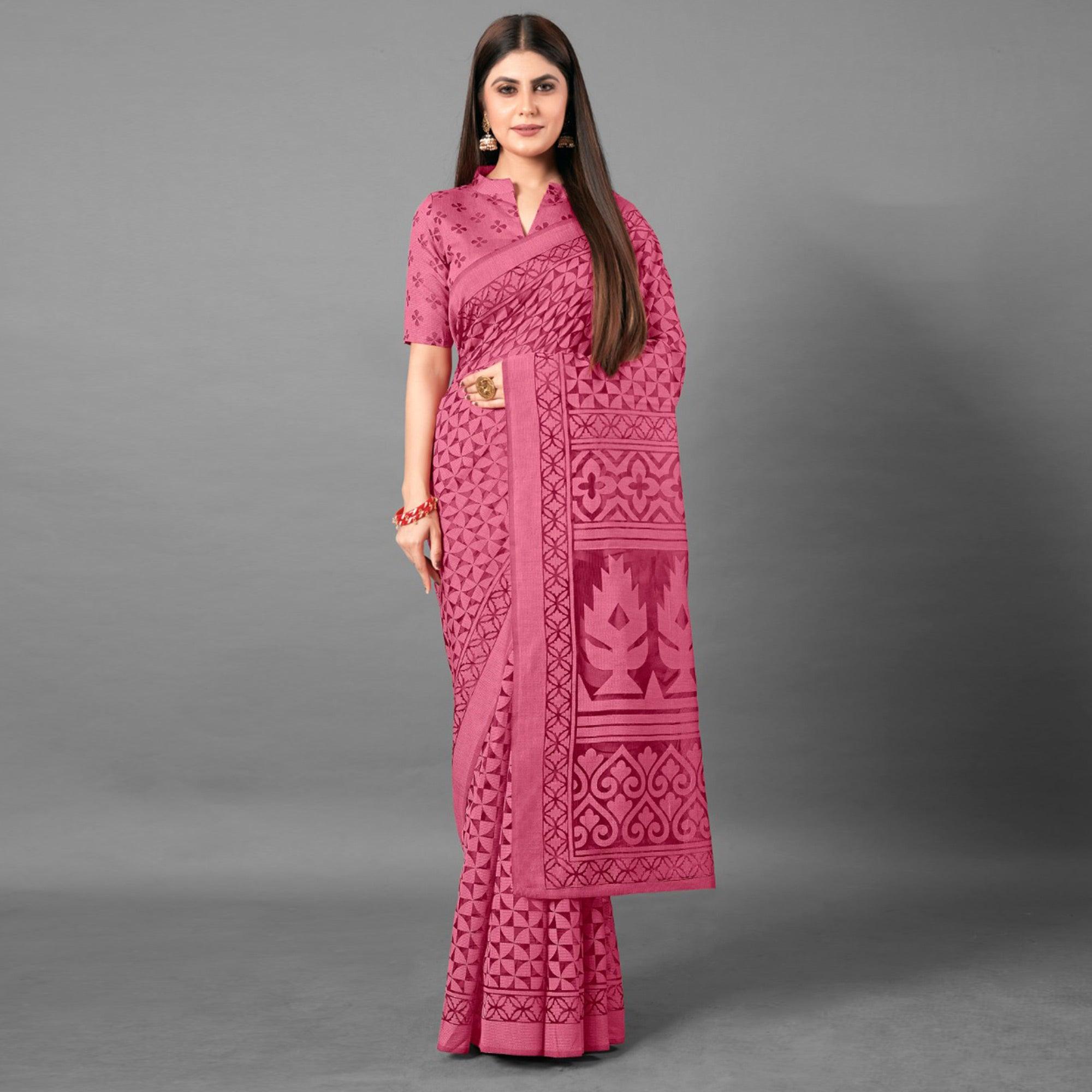 Pink Casual Wear Geometric Brasso Saree - Peachmode