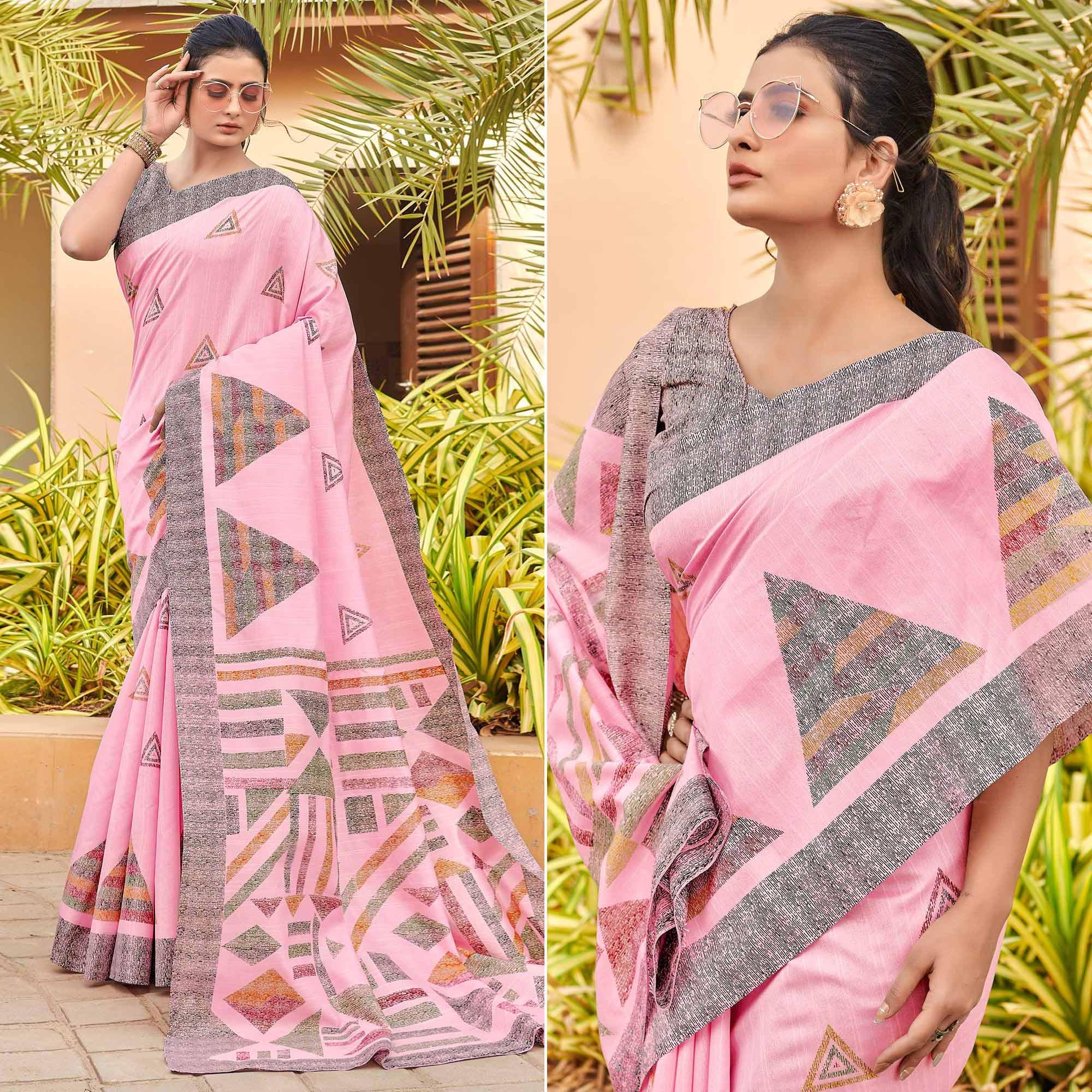 Pink Casual Wear Geometric Printed Bhagalpuri Silk Saree - Peachmode