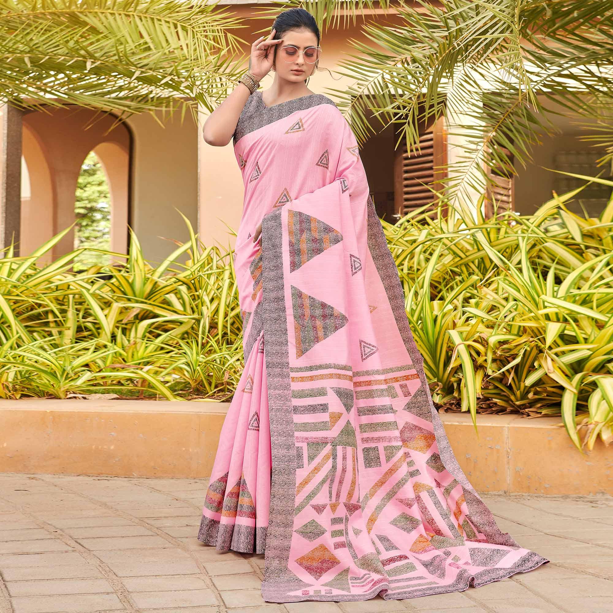 Pink Casual Wear Geometric Printed Bhagalpuri Silk Saree - Peachmode