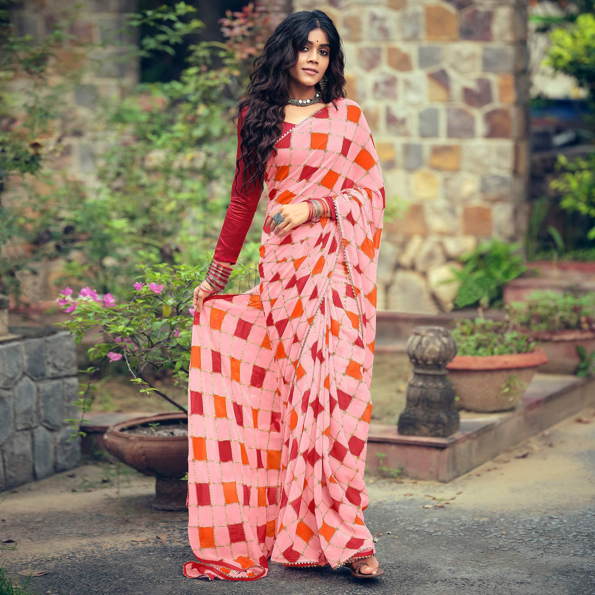 Pink Casual Wear Geometric Printed Georgette Saree Facny Lace - Peachmode