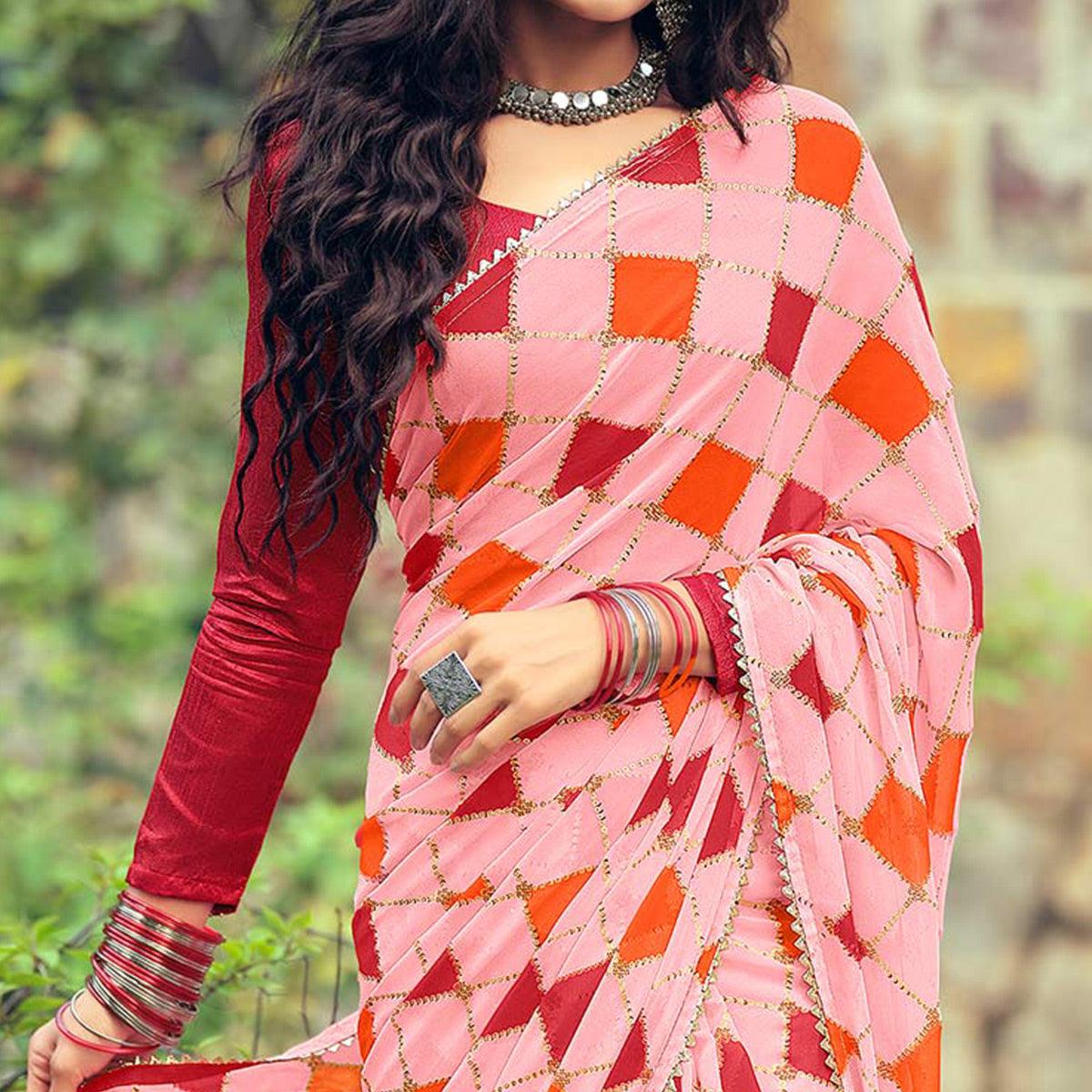 Pink Casual Wear Geometric Printed Georgette Saree Facny Lace - Peachmode
