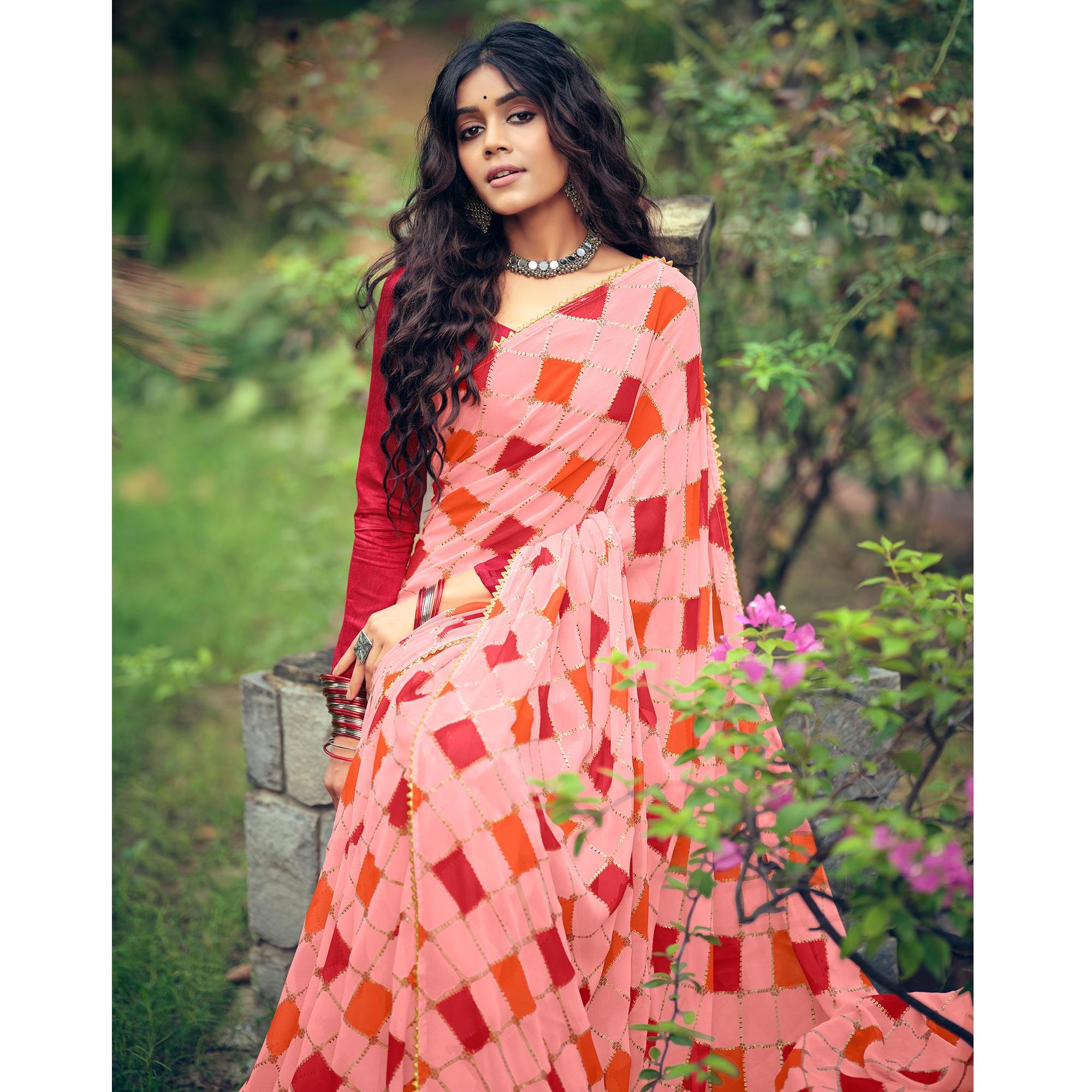 Pink Casual Wear Geometric Printed Georgette Saree Facny Lace - Peachmode