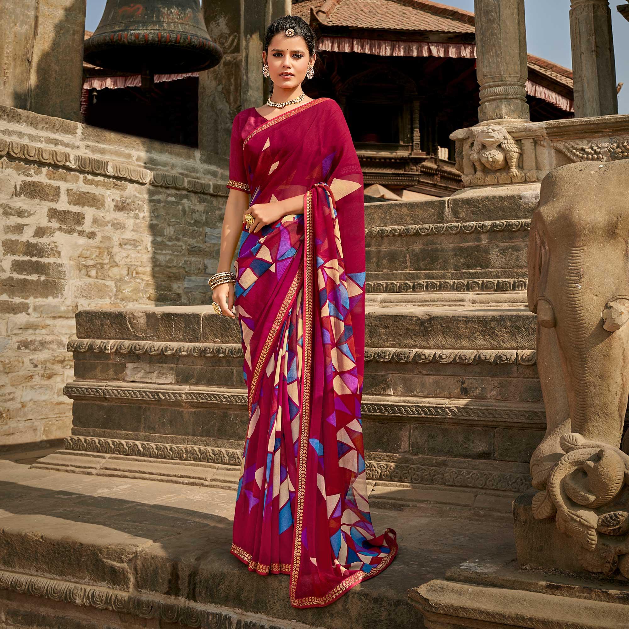 Pink Casual Wear Geometric Printed Georgette Saree With Fancy Lace - Peachmode