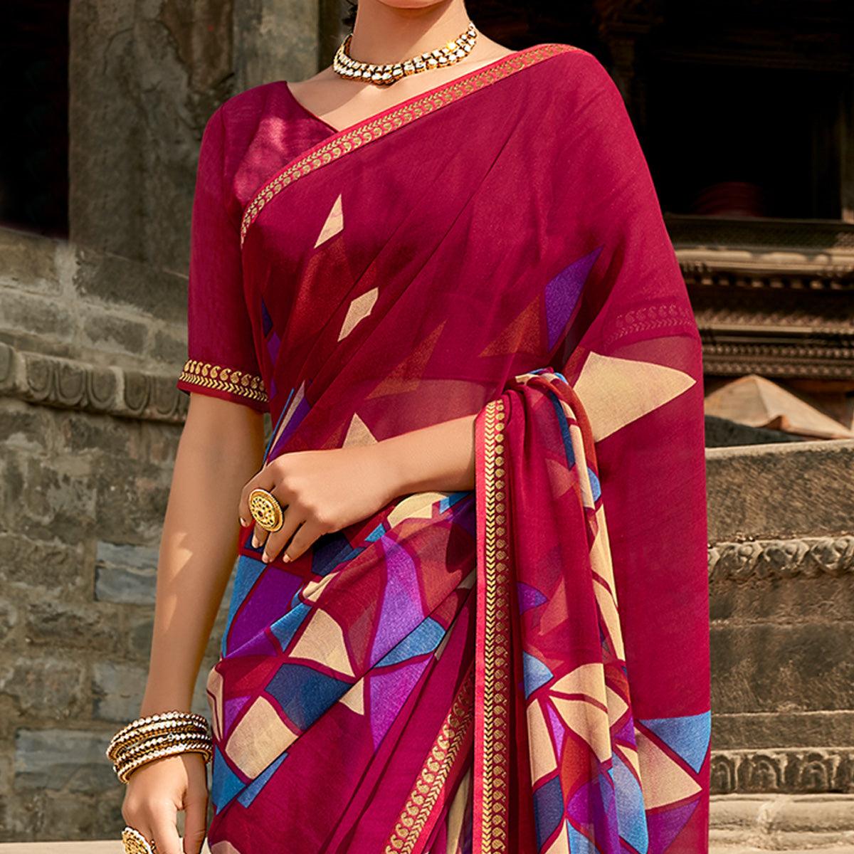 Pink Casual Wear Geometric Printed Georgette Saree With Fancy Lace - Peachmode