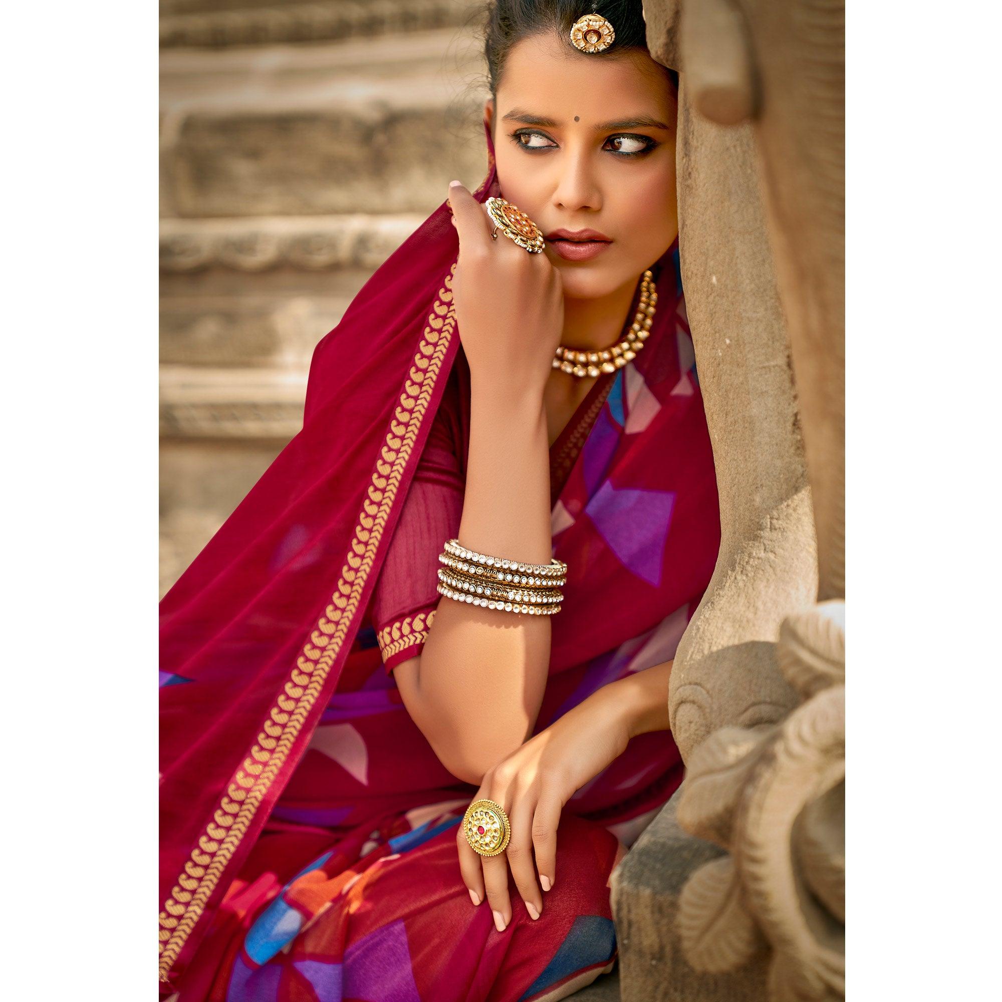 Pink Casual Wear Geometric Printed Georgette Saree With Fancy Lace - Peachmode