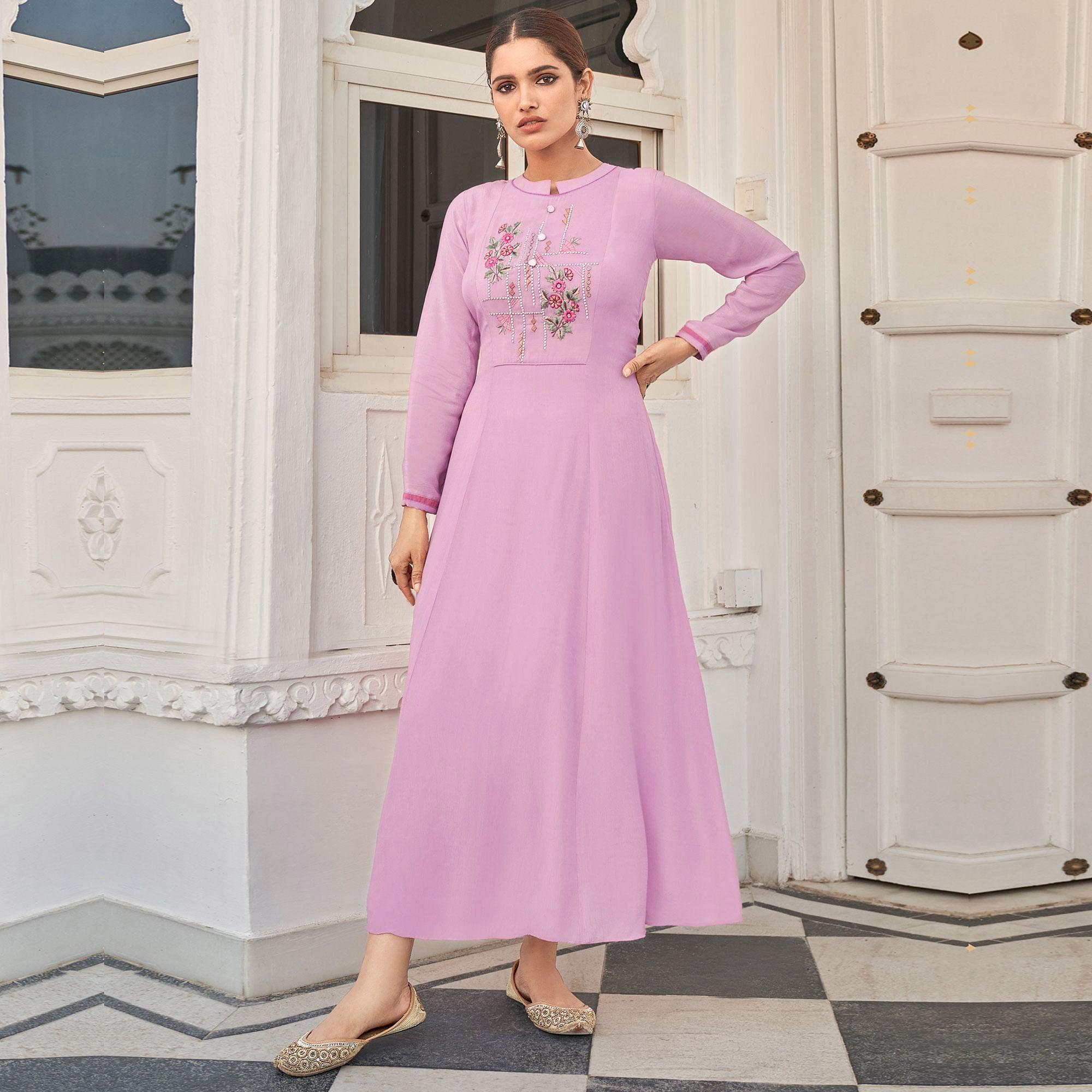 Pink Casual Wear Heavy Embroidered Pure Viscose Muslin Silk Kurti - Peachmode