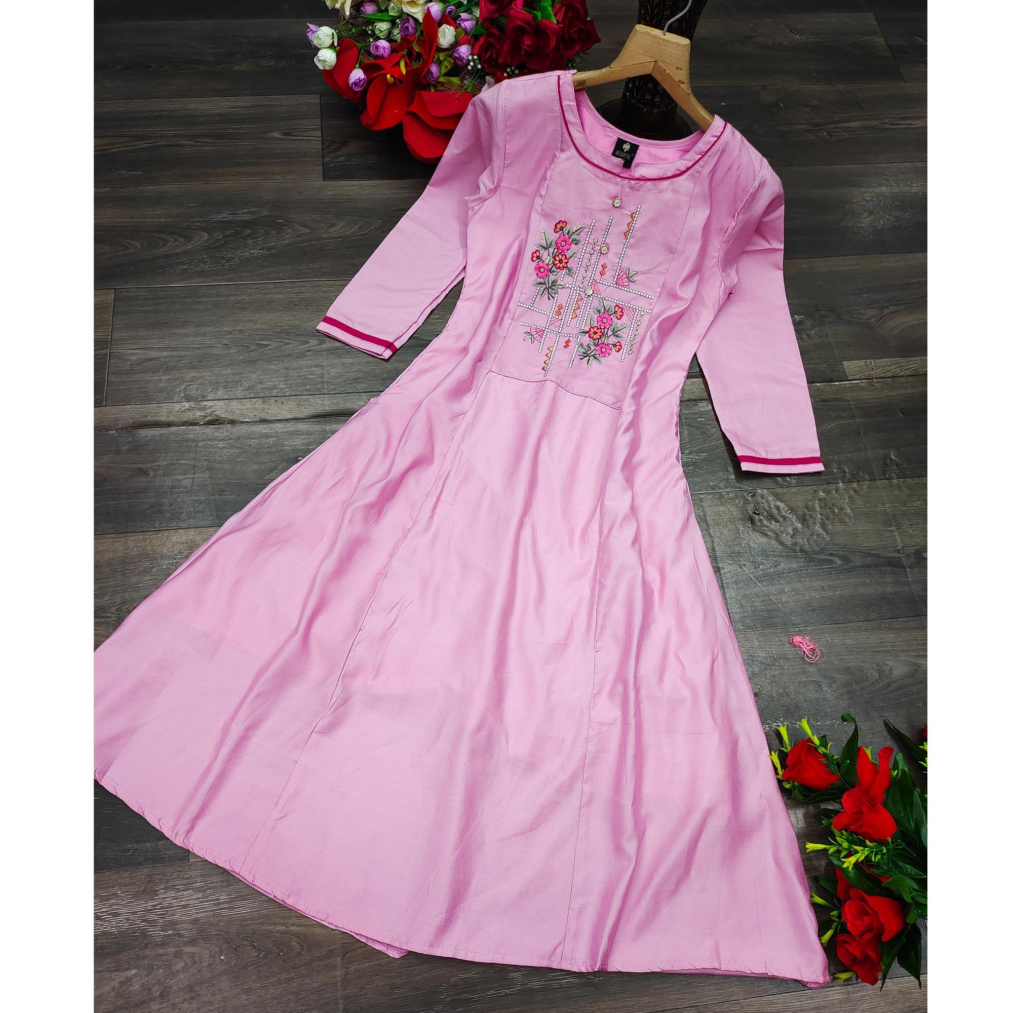 Pink Casual Wear Heavy Embroidered Pure Viscose Muslin Silk Kurti - Peachmode
