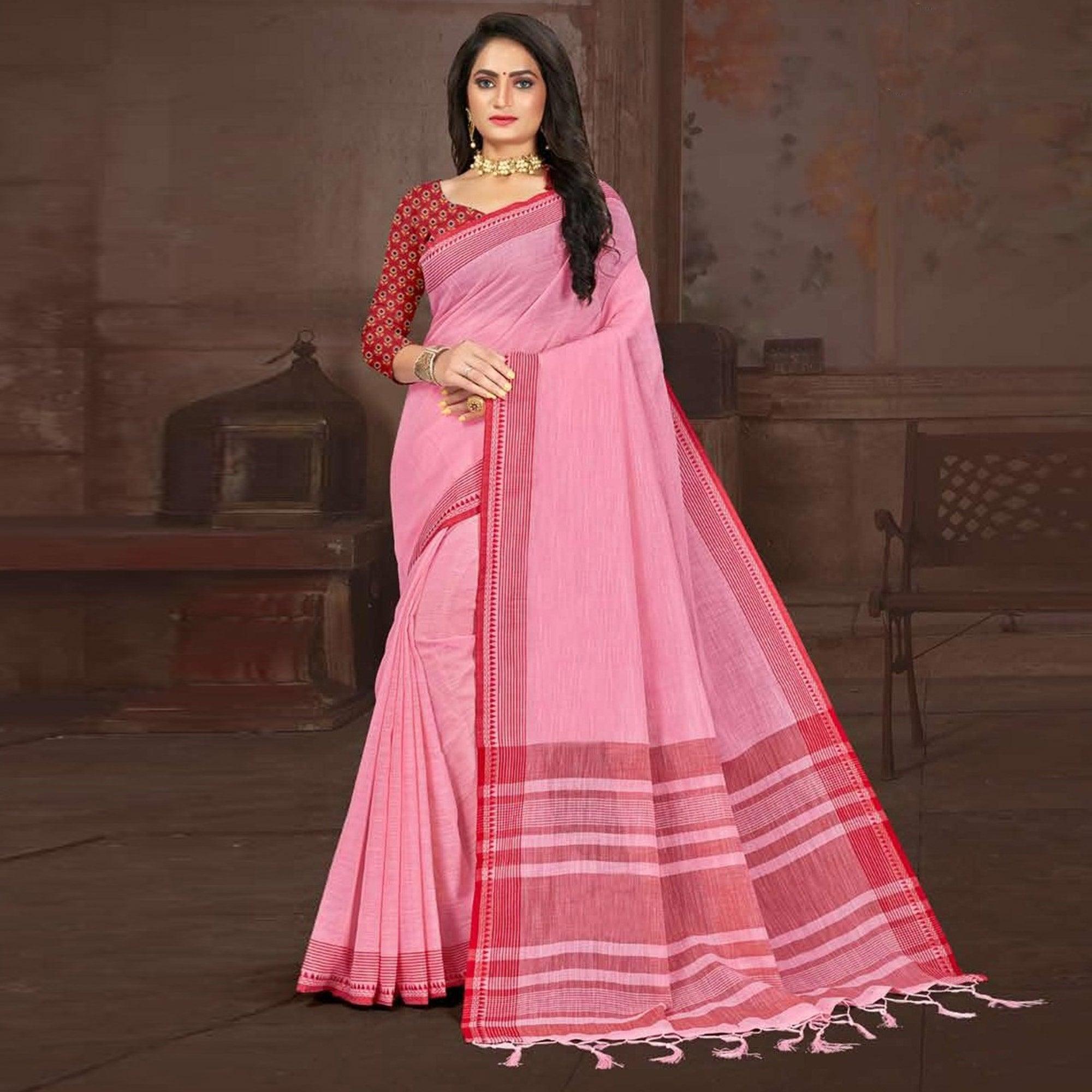 Pink Casual Wear Jari Border And Pallu Linen Saree - Peachmode