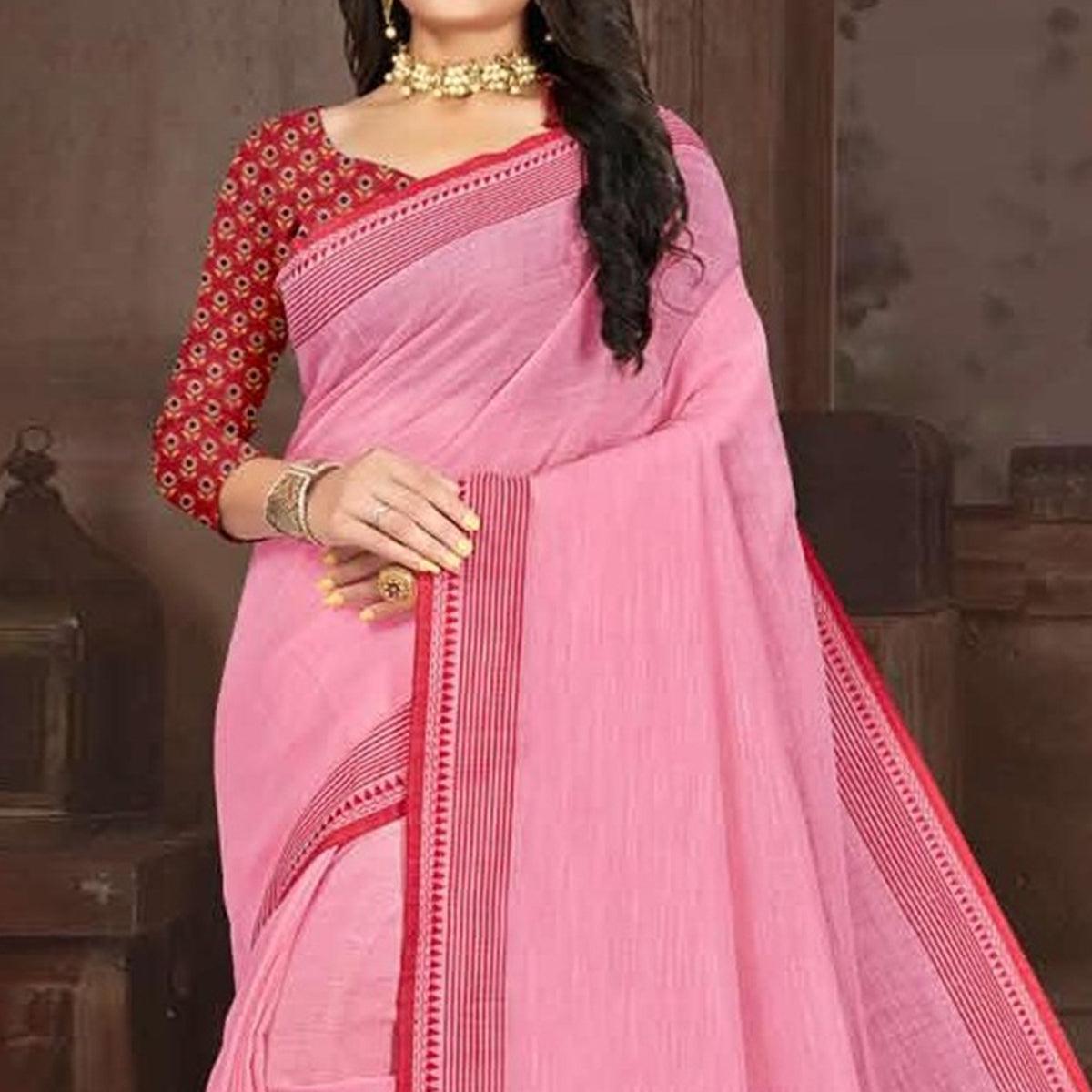 Pink Casual Wear Jari Border And Pallu Linen Saree - Peachmode