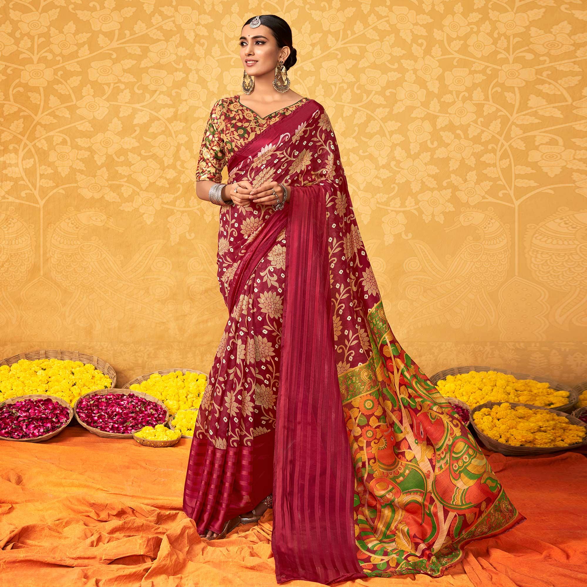Pink Casual Wear KalamKari Block Printed Cotton Satin Saree - Peachmode