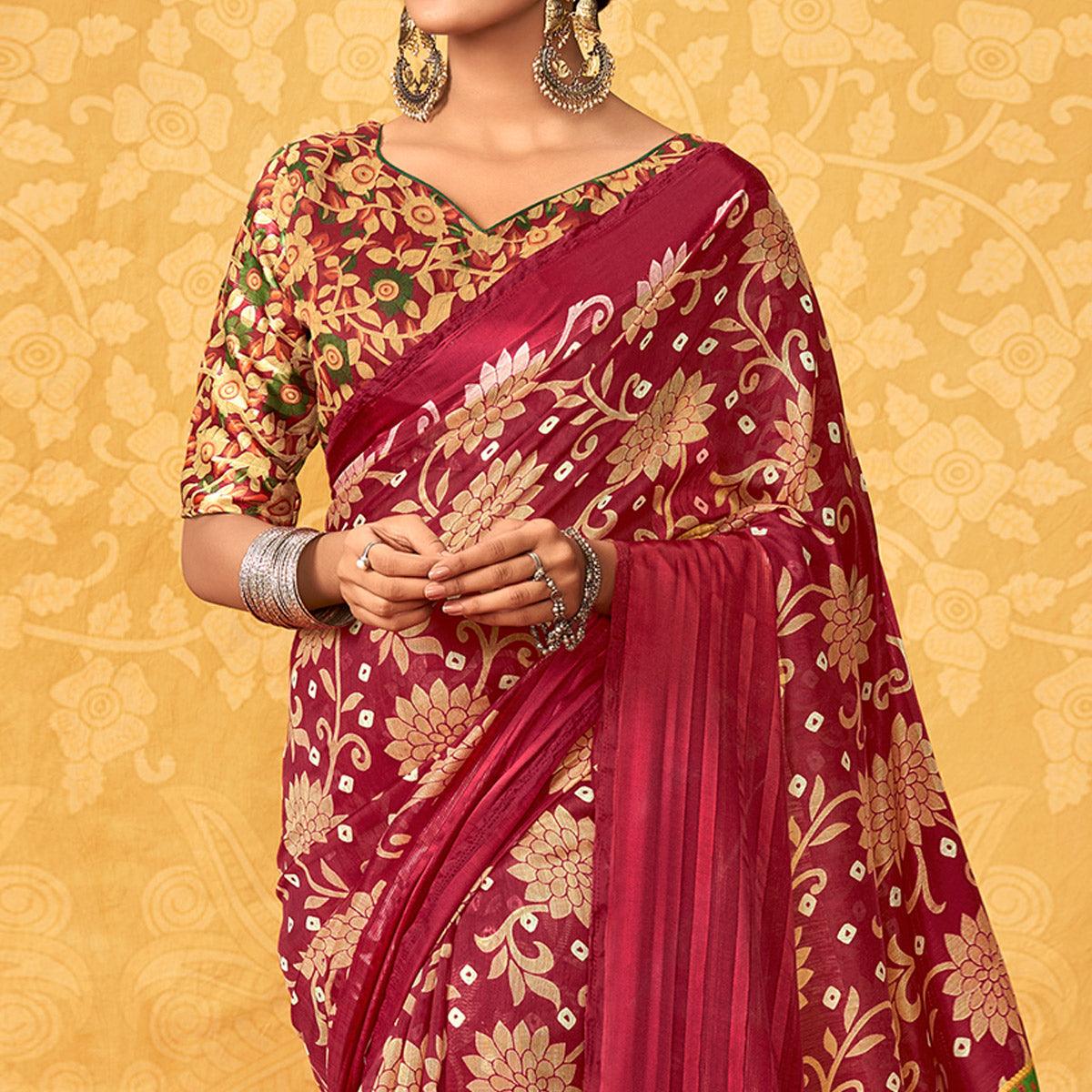 Pink Casual Wear KalamKari Block Printed Cotton Satin Saree - Peachmode