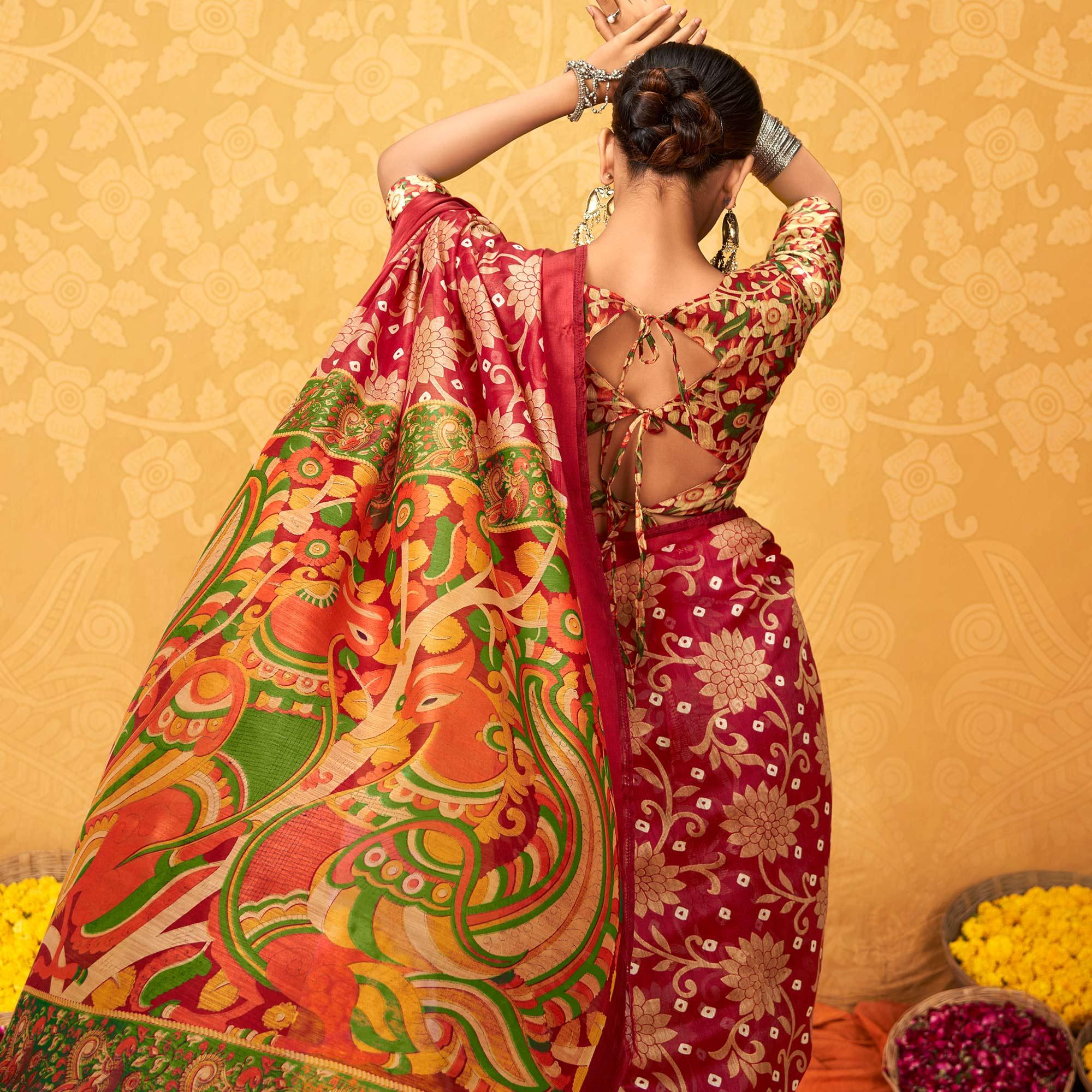 Pink Casual Wear KalamKari Block Printed Cotton Satin Saree - Peachmode