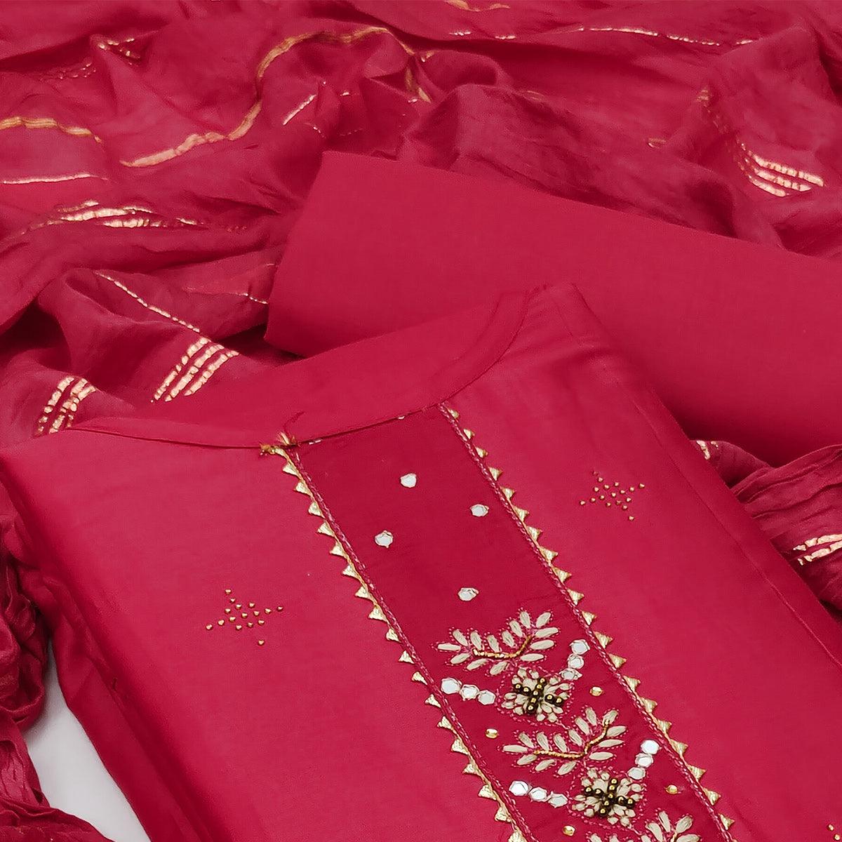 Pink Casual Wear Lace Work Cotton Dress Material - Peachmode