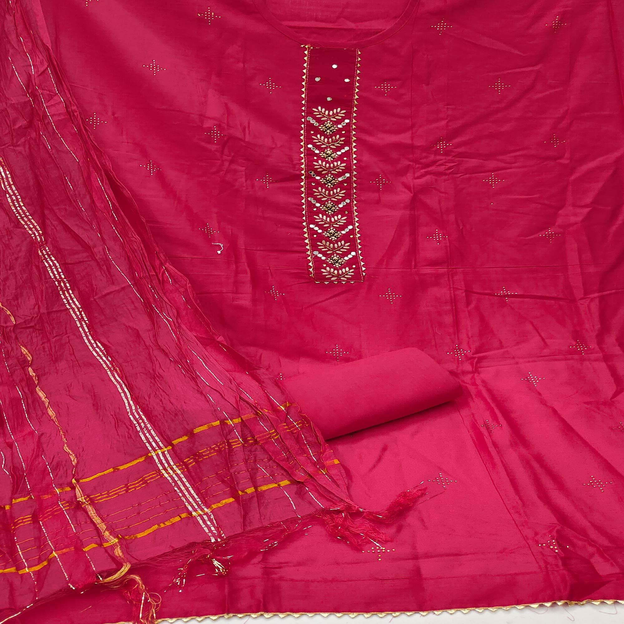 Pink Casual Wear Lace Work Cotton Dress Material - Peachmode