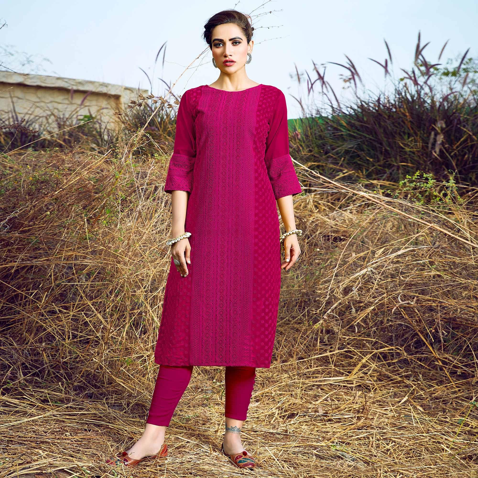 Pink Casual Wear Lucknowi Embroidered Georgette Kurti - Peachmode