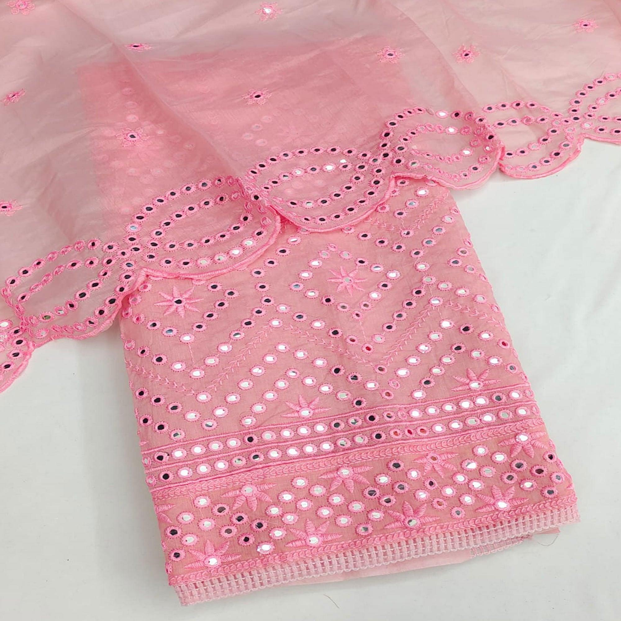 Pink Casual Wear Mirror Work Chanderi Dress Material