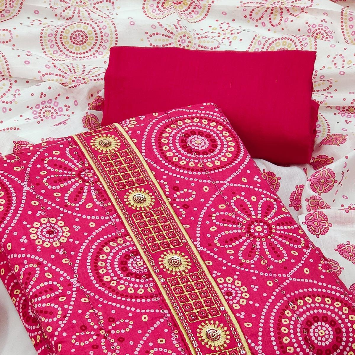 Pink Casual Wear Print With Sequence Embroidered Cotton Dress Material - Peachmode