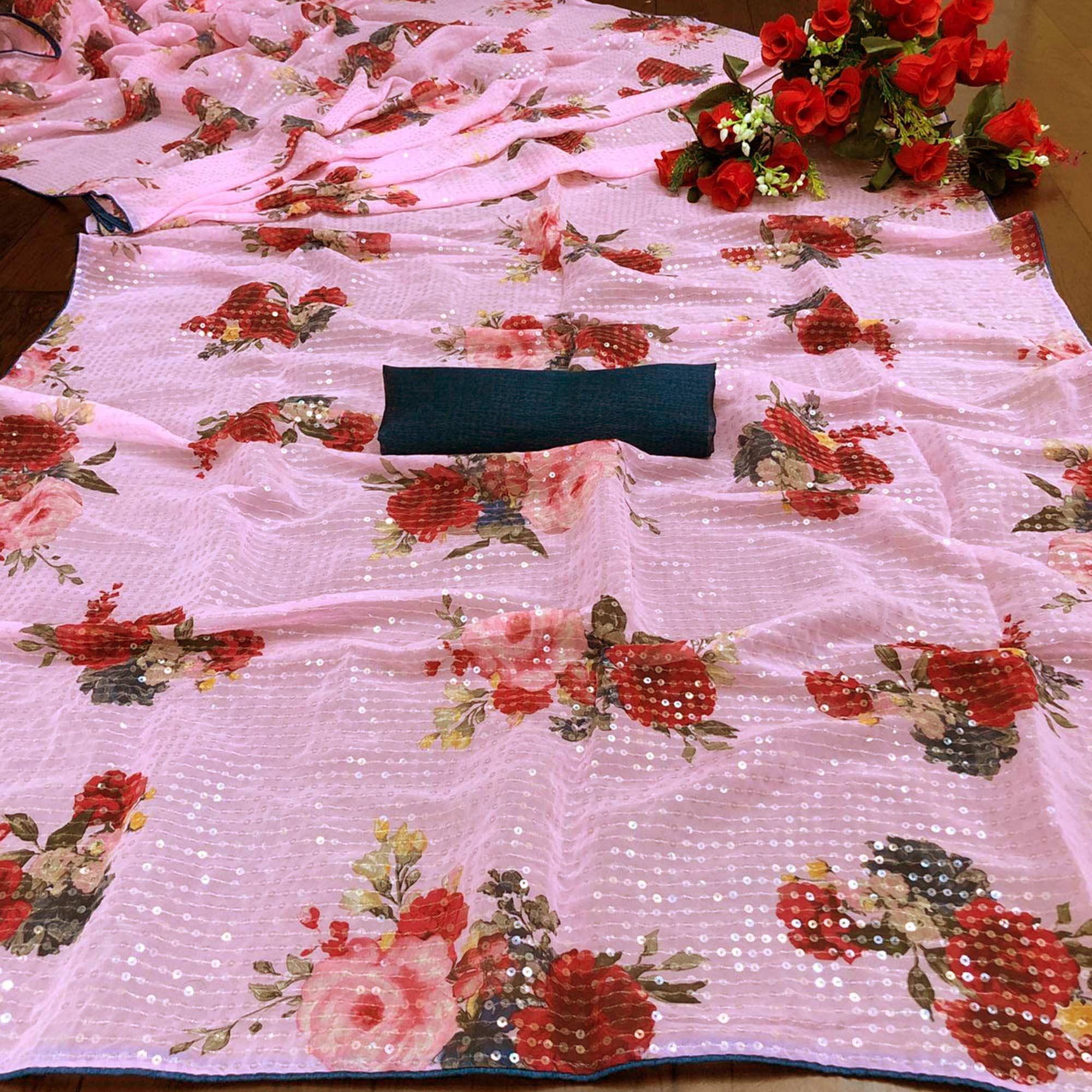Pink Casual Wear Printed & Sequence Work Heavy Georgette Saree - Peachmode
