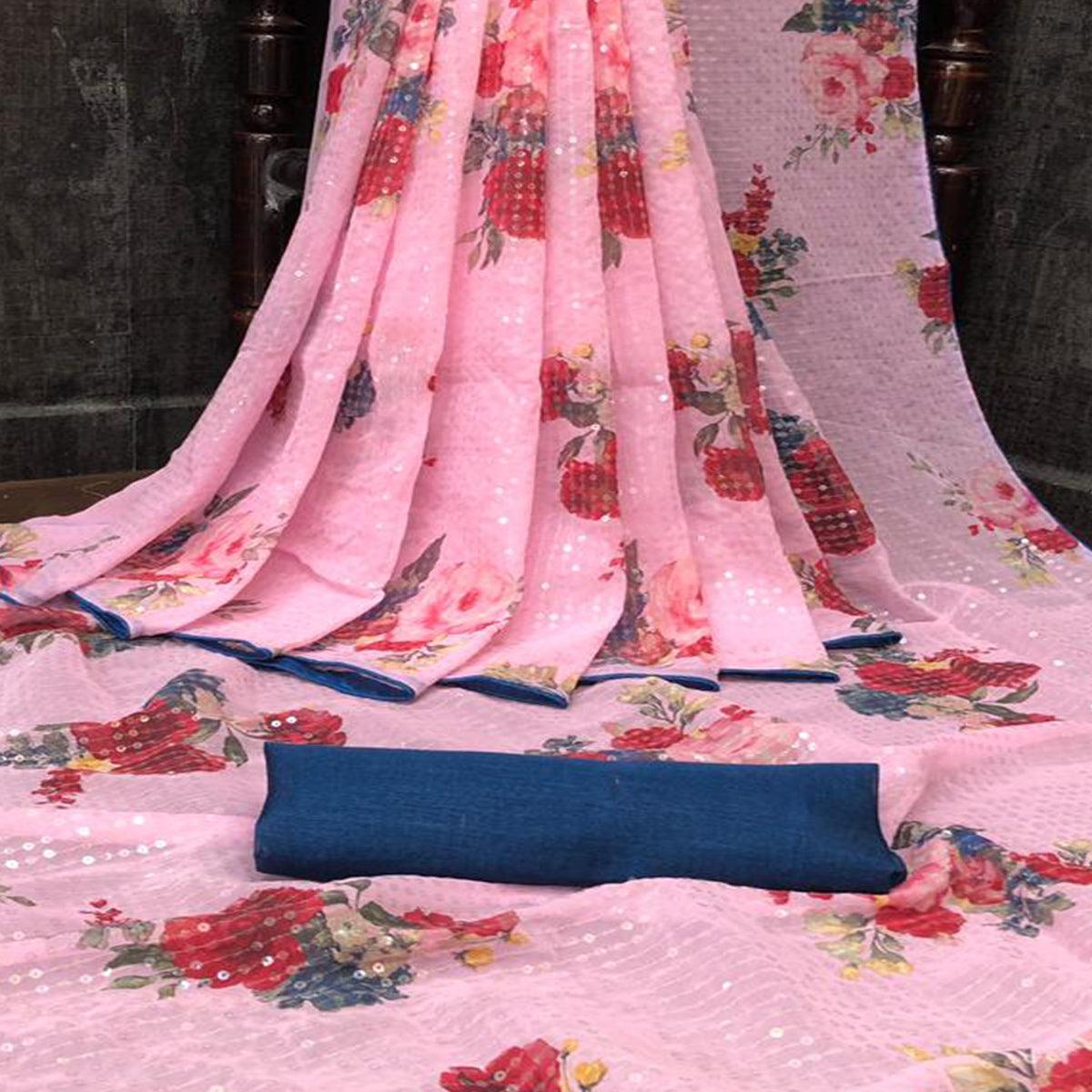 Pink Casual Wear Printed & Sequence Work Heavy Georgette Saree - Peachmode