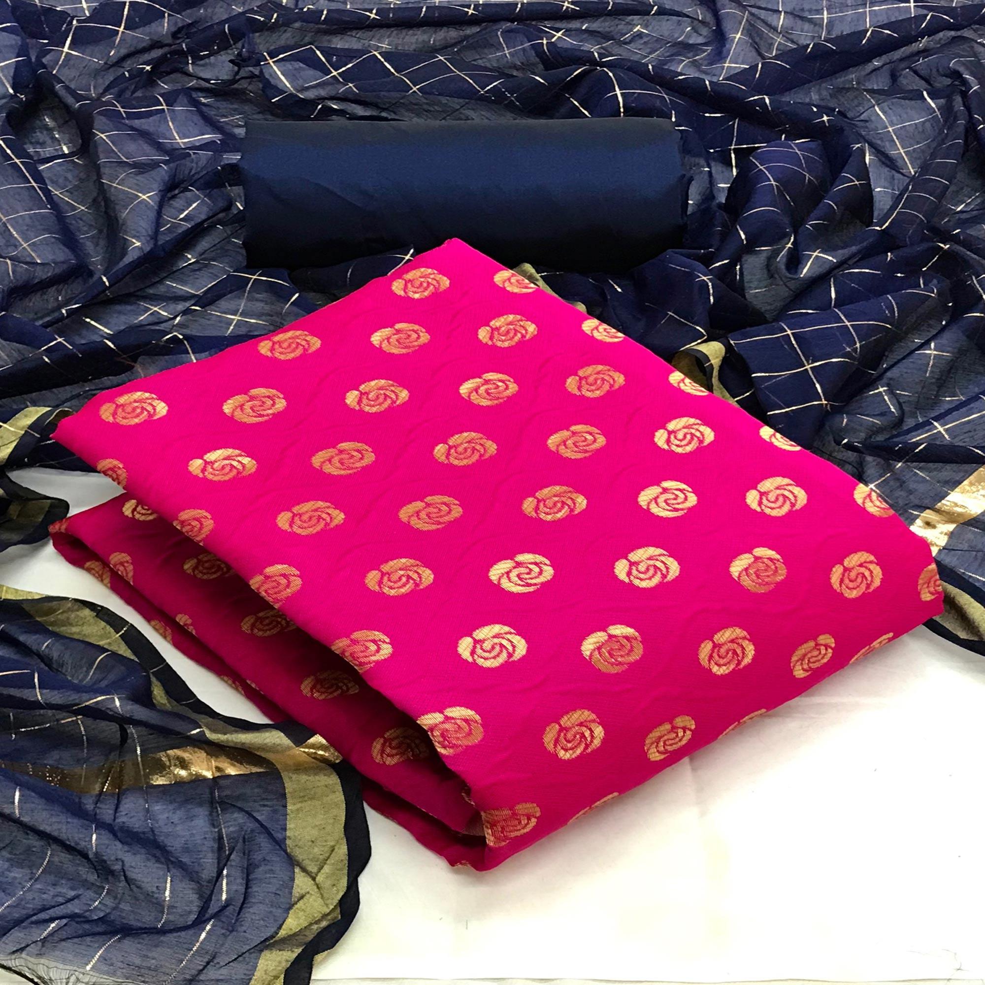 Pink Casual Wear Printed Banarasi Silk Dress Material - Peachmode