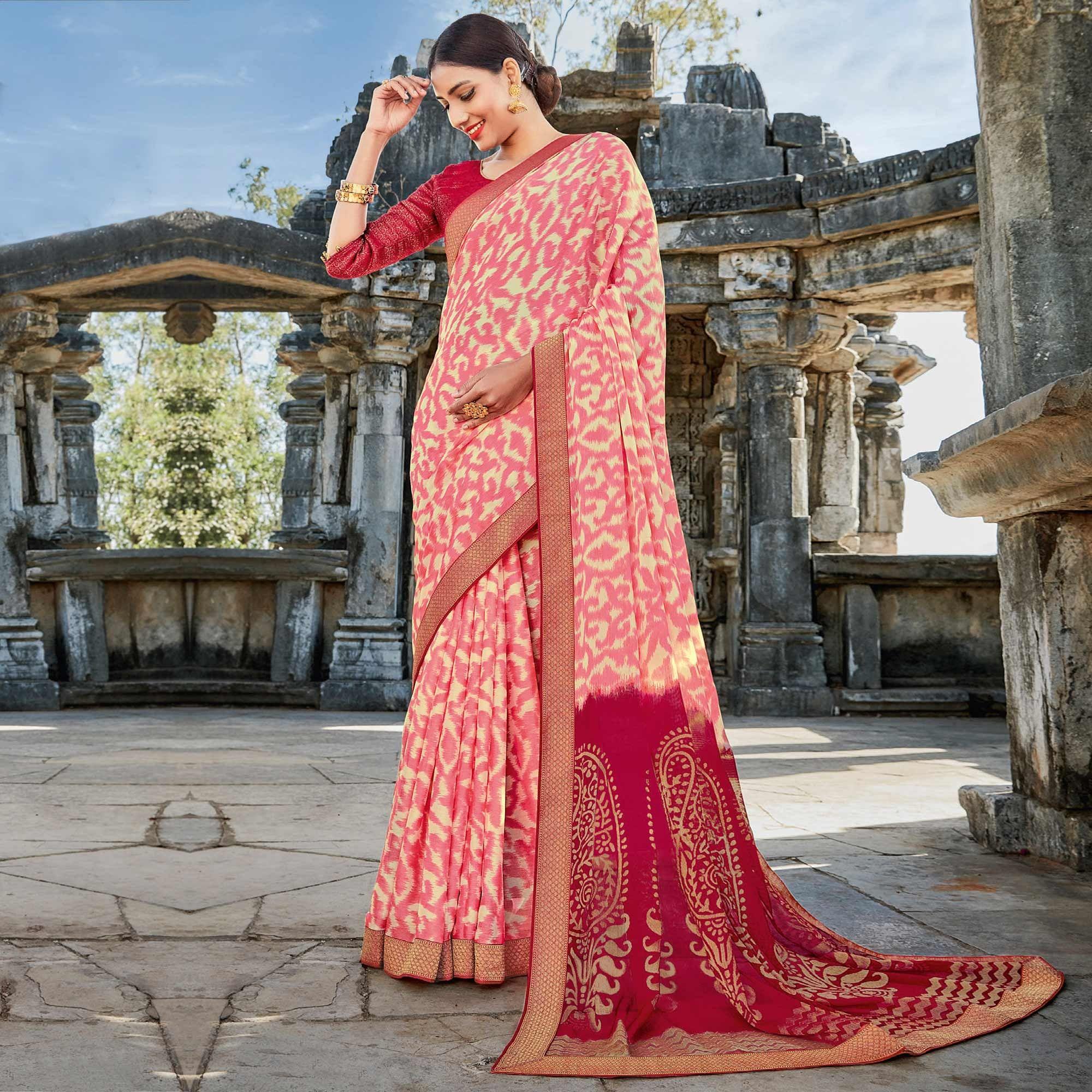 Pink Casual Wear Printed Brasso Saree - Peachmode
