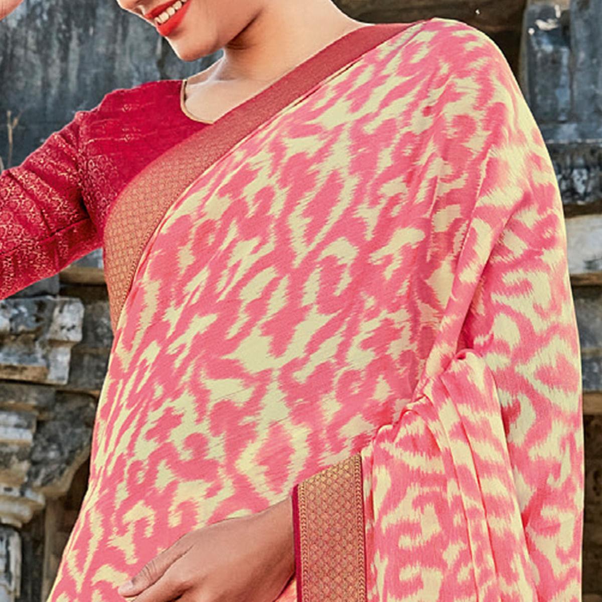Pink Casual Wear Printed Brasso Saree - Peachmode
