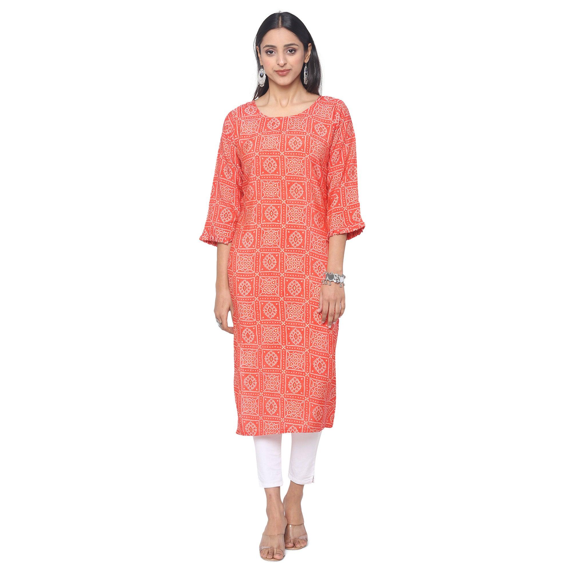 Pink Casual Wear Printed Chanderi Silk Kurti - Peachmode