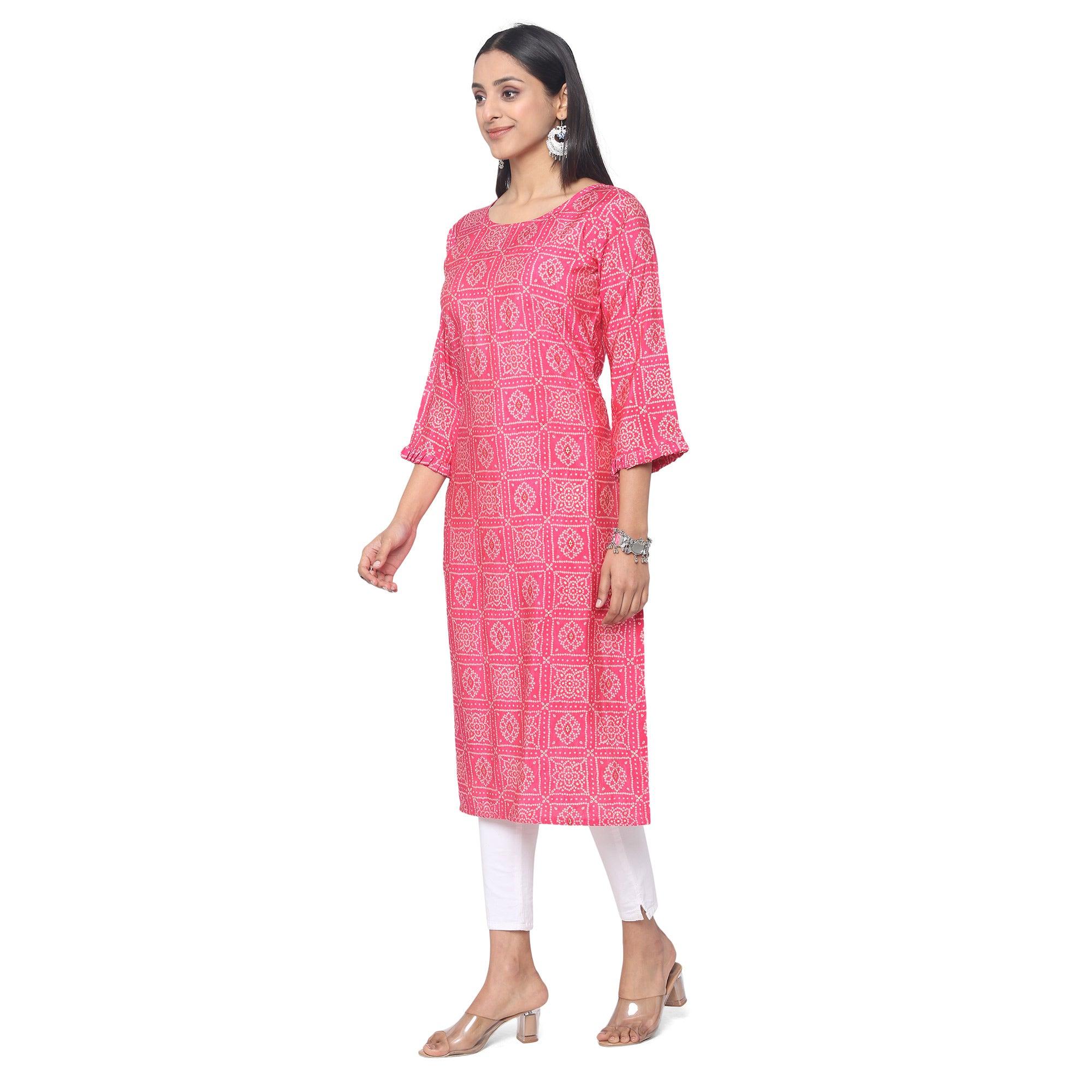 Pink Casual Wear Printed Chanderi Silk Kurti - Peachmode