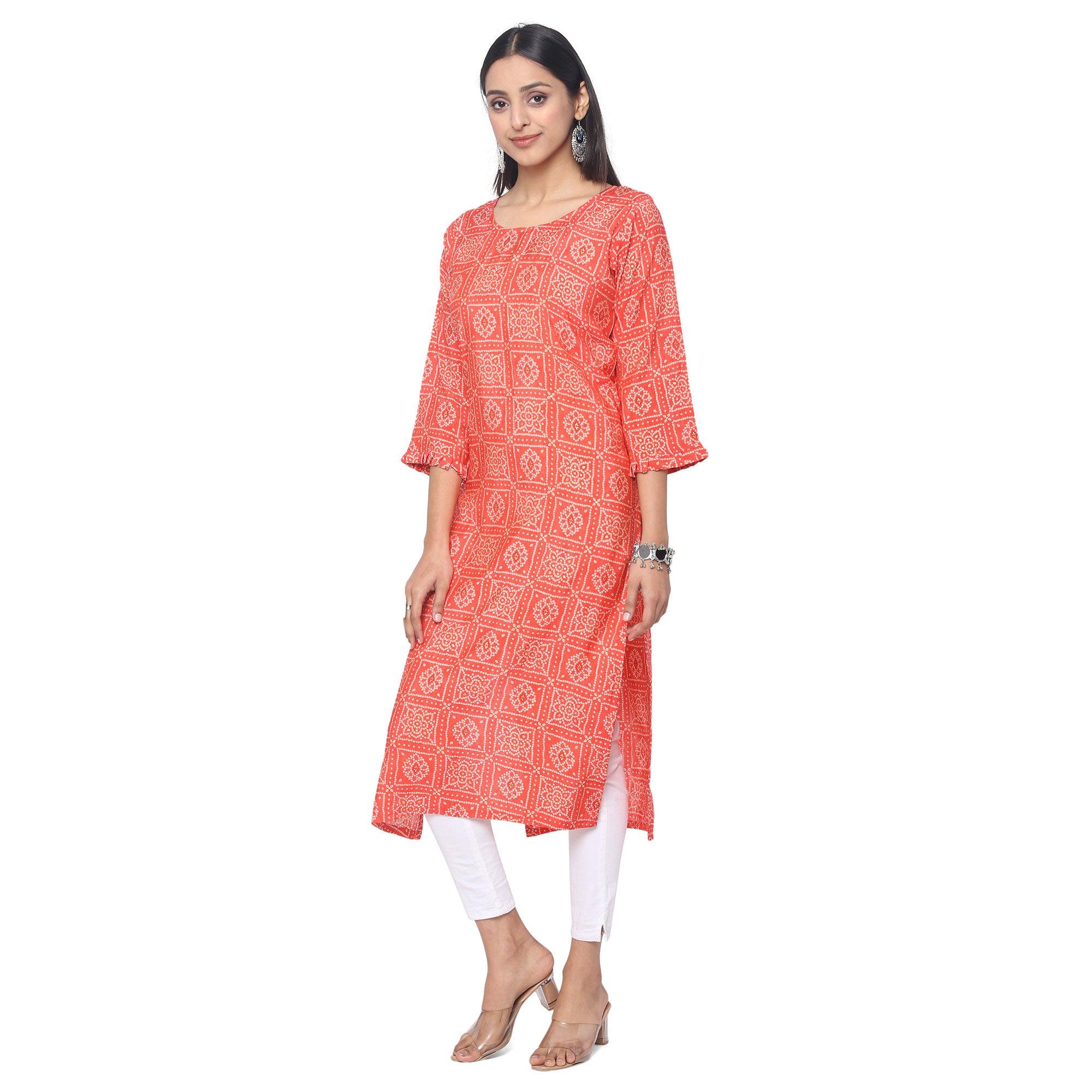 Pink Casual Wear Printed Chanderi Silk Kurti - Peachmode