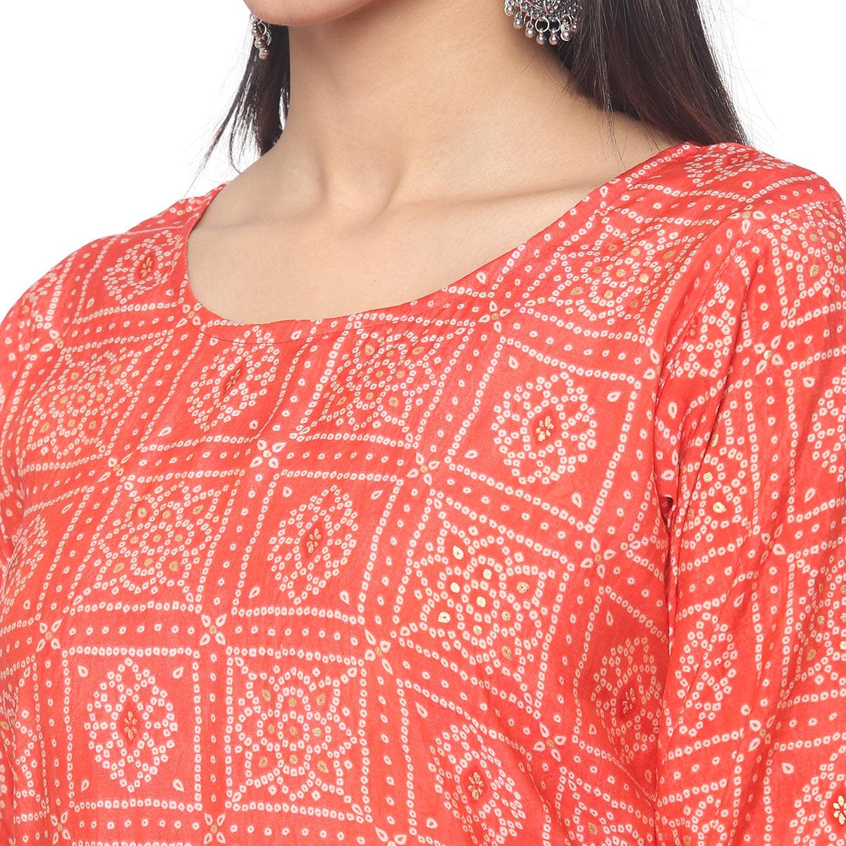 Pink Casual Wear Printed Chanderi Silk Kurti - Peachmode