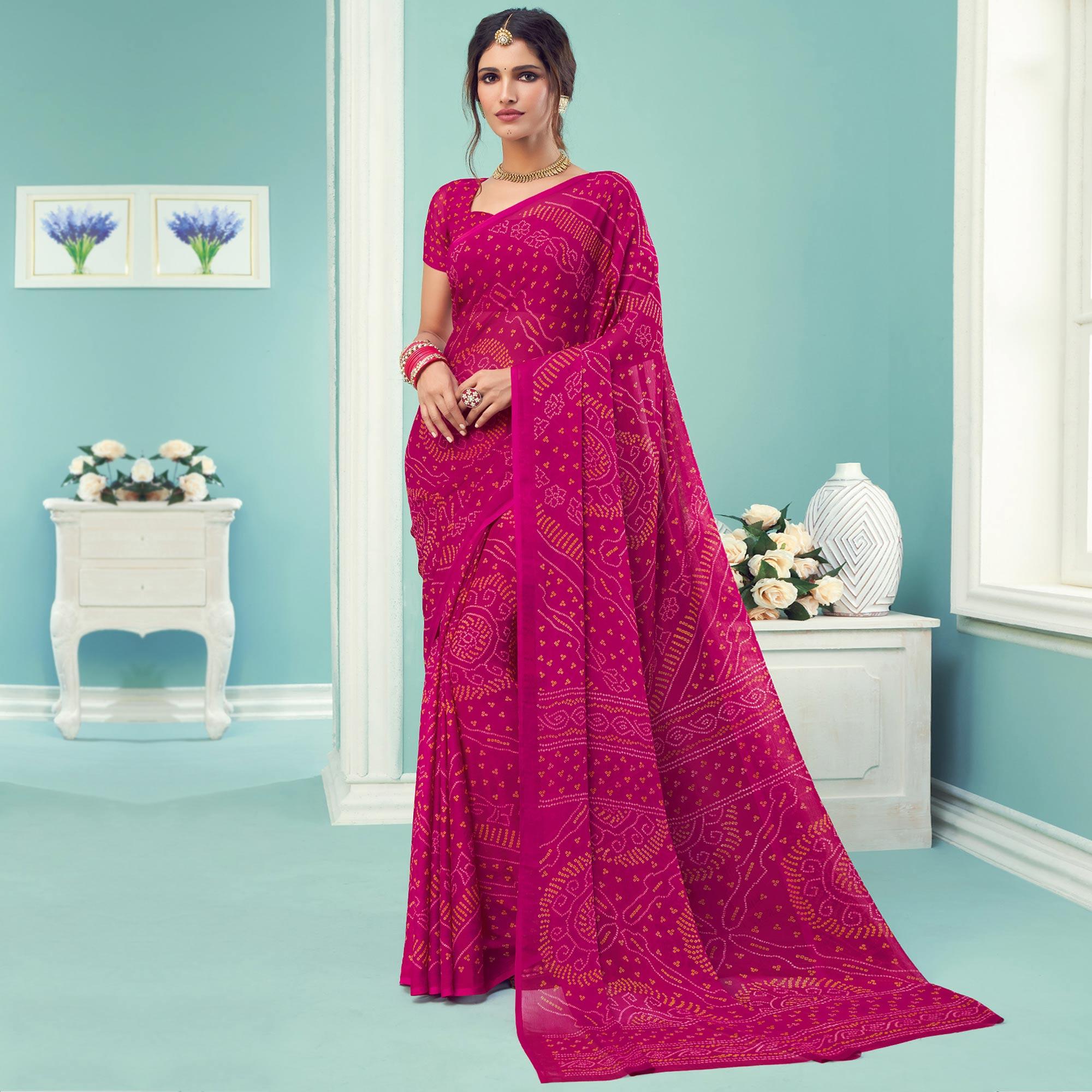 Pink Casual Wear Printed Chiffon Bandhani Saree - Peachmode
