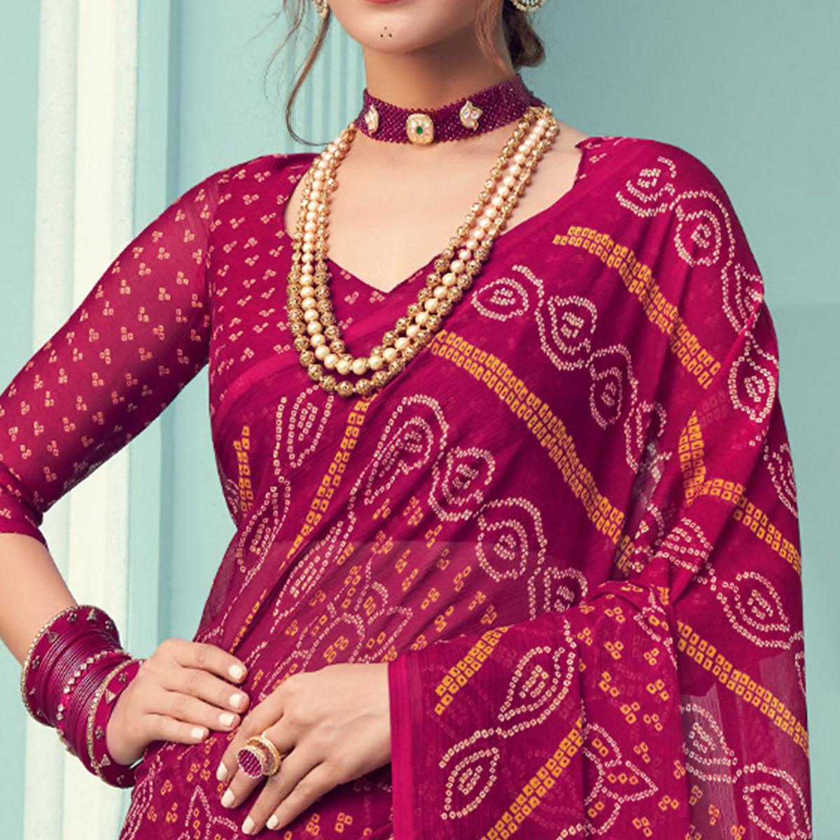 Pink Casual Wear Printed Chiffon Bandhani Saree - Peachmode