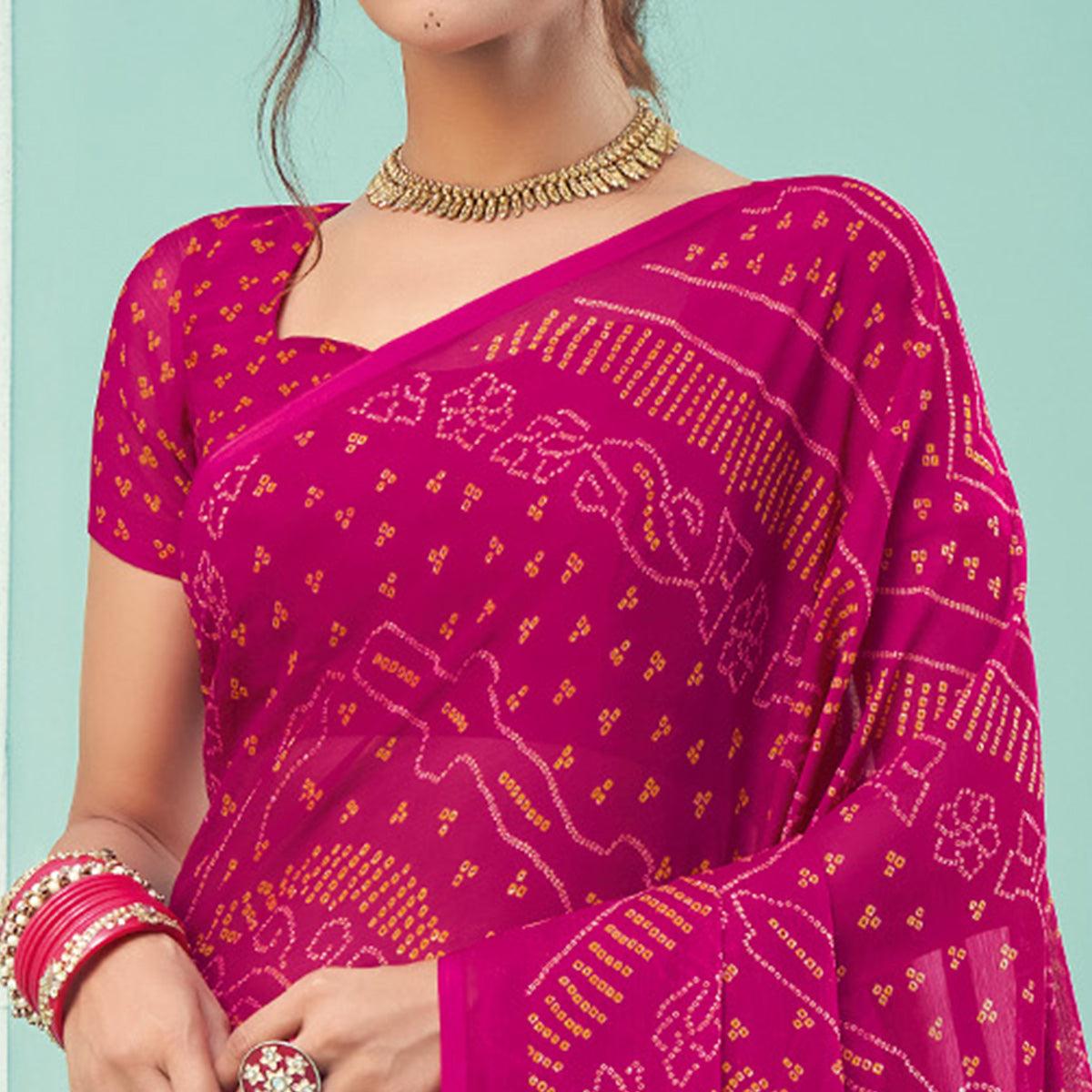 Pink Casual Wear Printed Chiffon Bandhani Saree - Peachmode