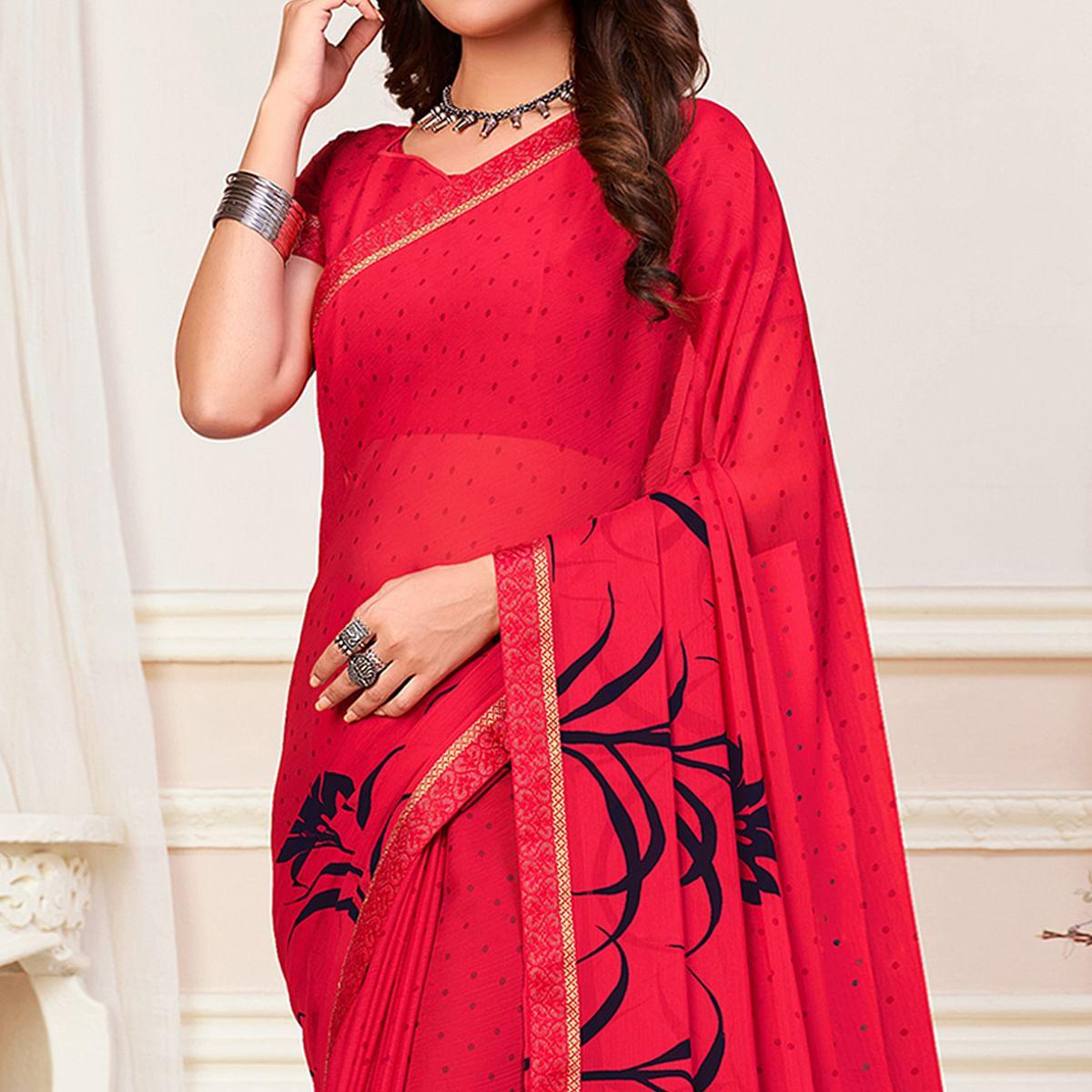 Pink Casual Wear Printed Chiffon Saree - Peachmode