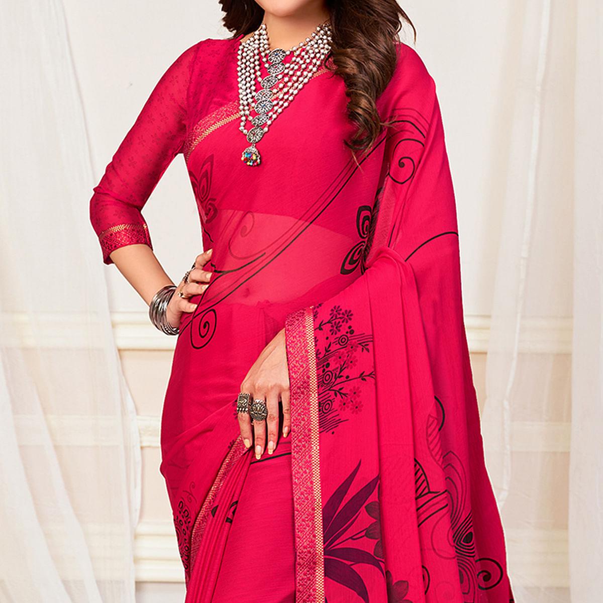 Pink Casual Wear Printed Chiffon Saree - Peachmode