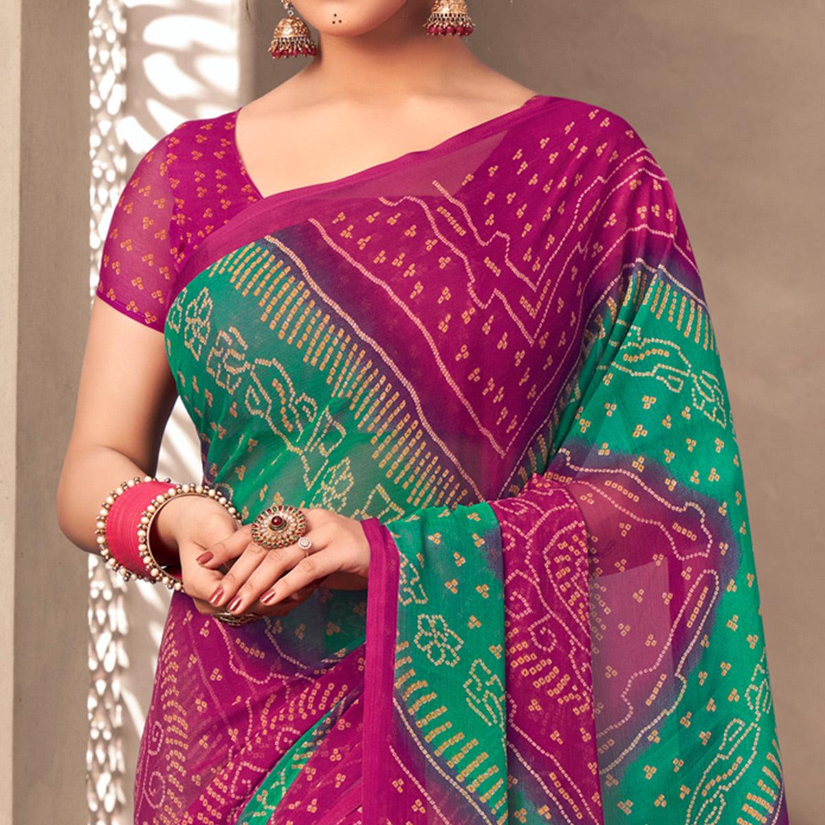 Pink Casual Wear Printed Chiffon Saree - Peachmode
