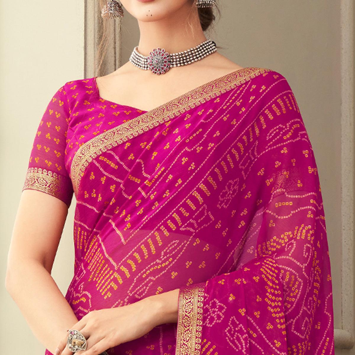 Pink Casual Wear Printed Chiffon Saree with Banarasi Border - Peachmode