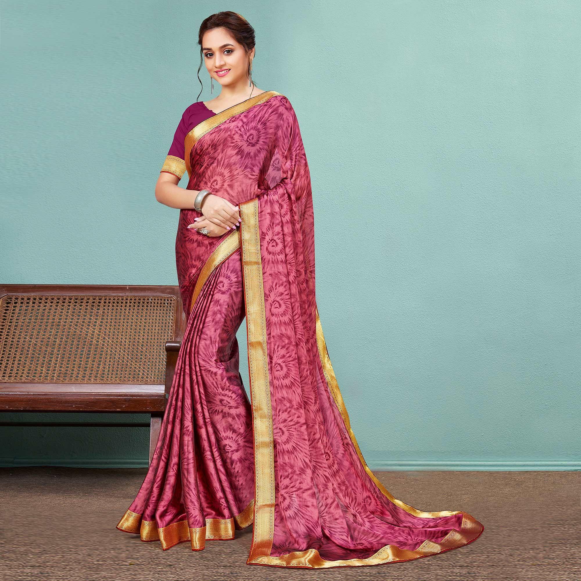 Pink Casual Wear Printed  Chiffon Saree With Banarasi Lace - Peachmode