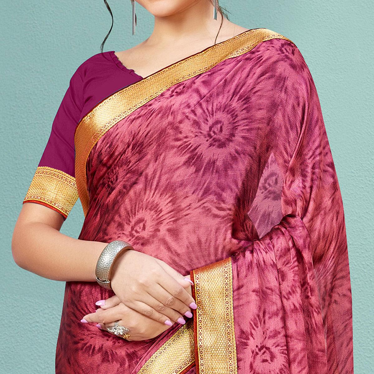 Pink Casual Wear Printed  Chiffon Saree With Banarasi Lace - Peachmode