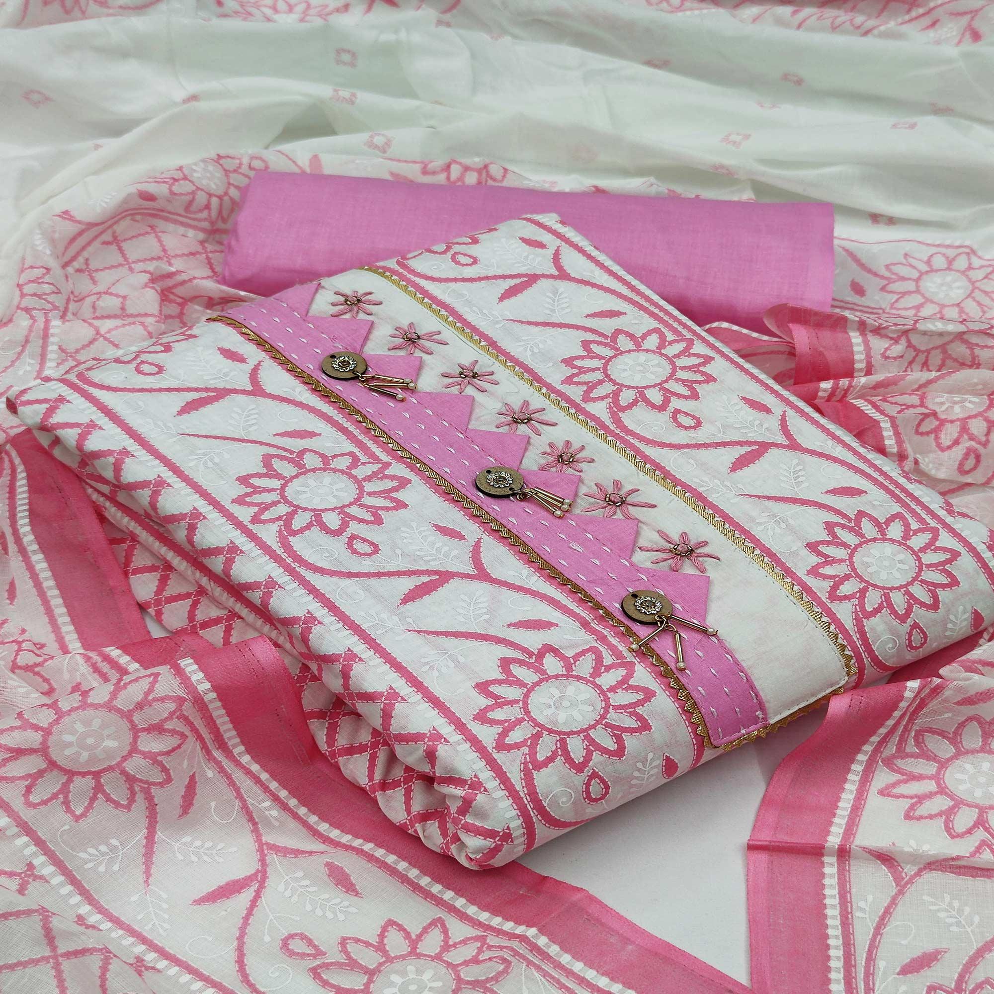 Pink Casual Wear Printed Cotton Dress Material - Peachmode