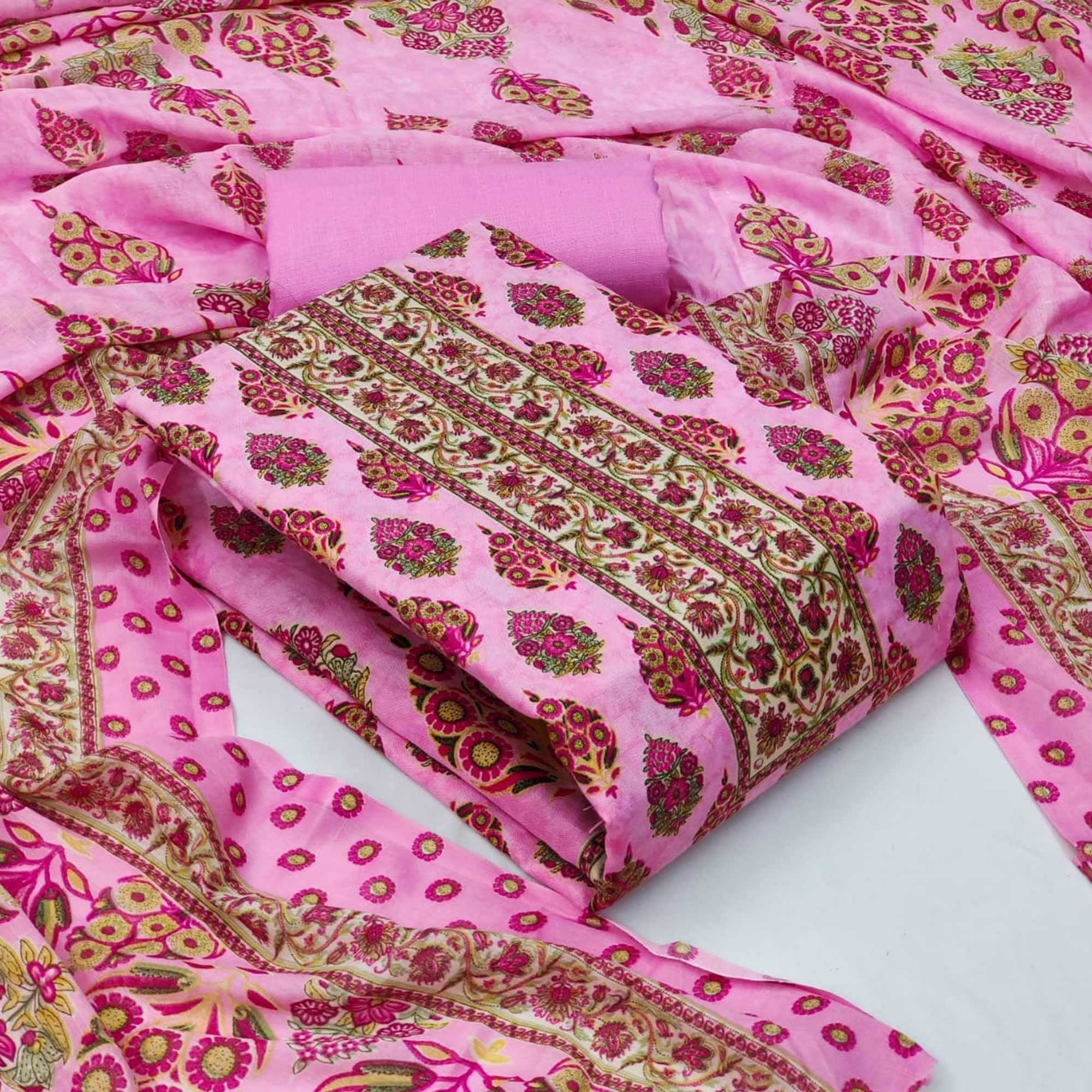 Pink Casual Wear Printed Cotton Dress Material - Peachmode