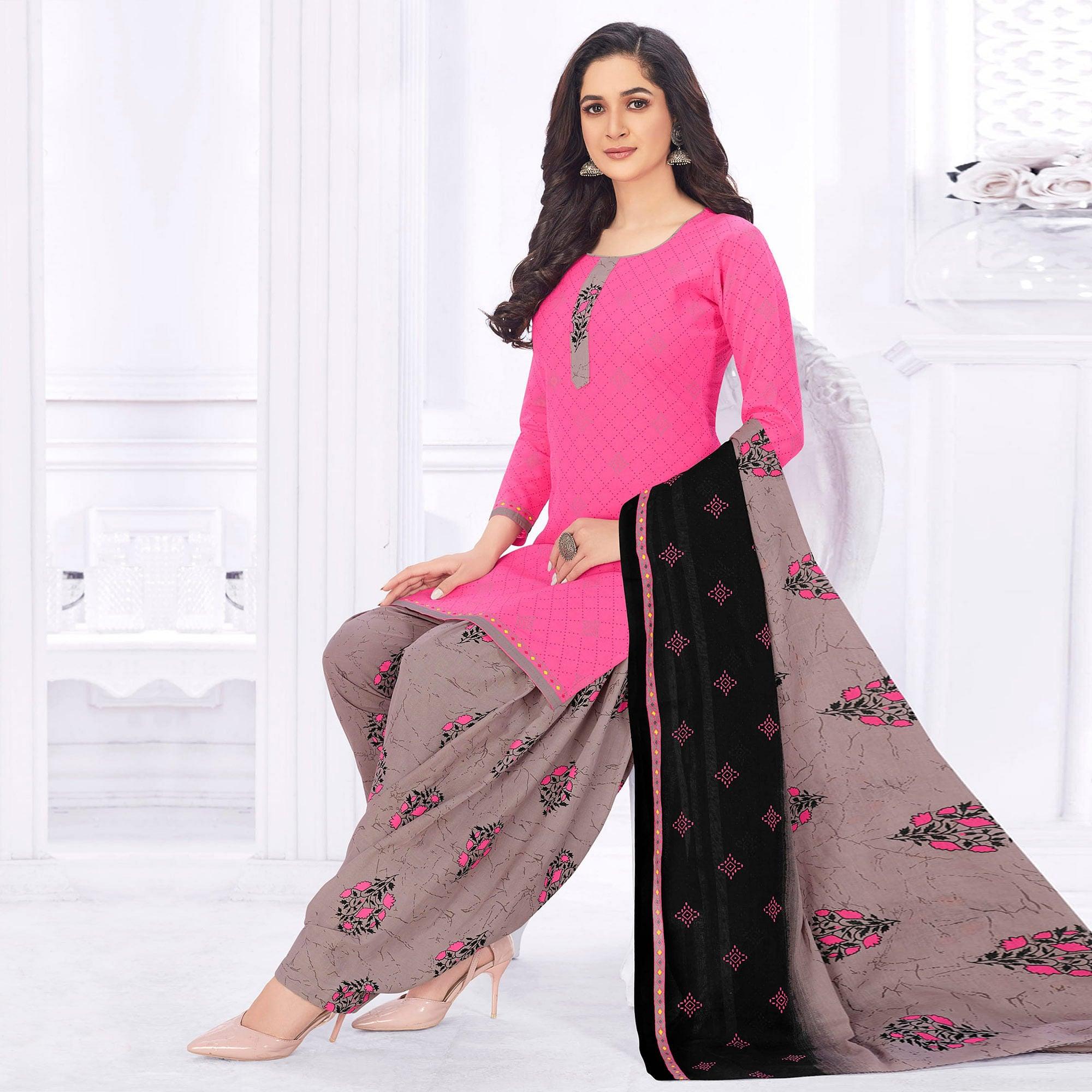 Pink Casual Wear Printed Cotton Dress Material - Peachmode